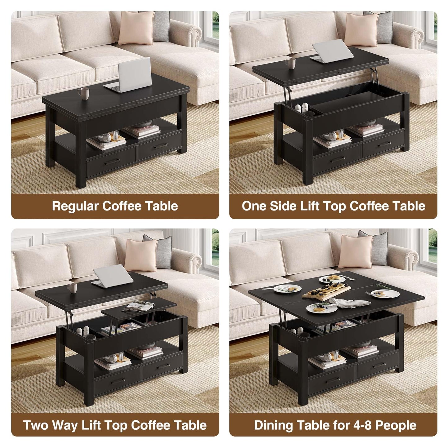 Rolanstar Coffee Table Lift Top, Multi-Function Convertible Coffee Table with Drawers and Hidden Compartment, Converts to Dining Table for Living Room, Home Office,Black