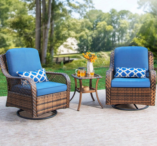 PHI VILLA Oversized Outdoor Swivel Rocker Chairs Set Clearance 3 Piece with 1 Table and 2 Rocking & Swivel Chairs Support 350lbs Navy Blue Wicker Outdoor Furniture Patio Conversation Set