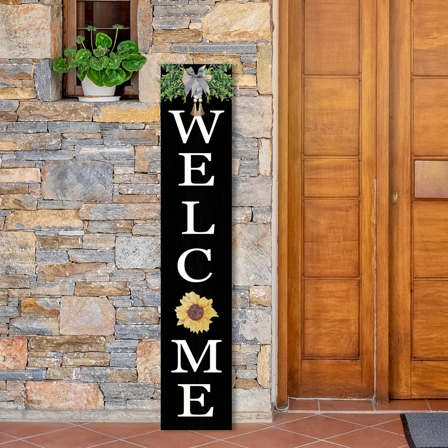 Interchangeable Welcome Sign for Front Porch Standing 47"X8" Outdoor Large Wood Frame with 12 Pcs Designed Icons Leaner Vertical Tall Outside Welcome Sign for Front Door Decor (Black)