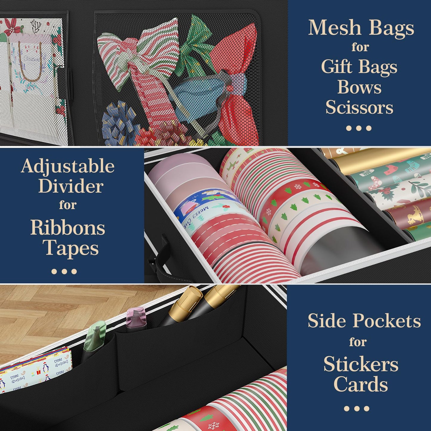 GoMaihe Wrapping Paper Storage with Wheels: Fits 41" Under-bed Gift Wrap Organizer & Container for Christmas Ribbon Accessories | Pockets & Adjustable Dividers | Easy Pull-out | Heavy-duty | Black