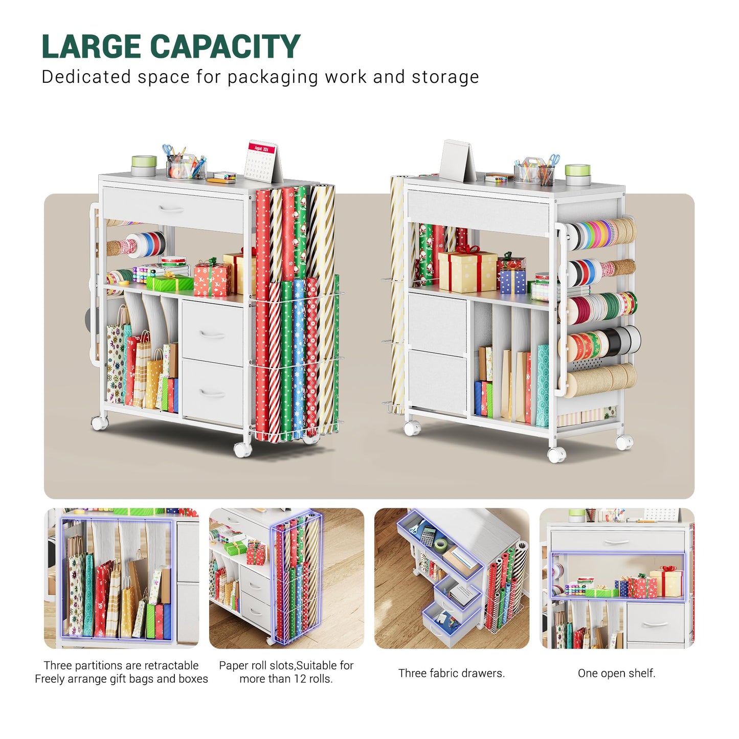 PUNLUXU Wrapping Paper Storage Cart, Rolling Gift Wrap Station with Ribbon and Gift Bag Storage, Wrapping Paper Organizer Holder, Craft Organizers and Storage, Craft Storage Cart 03 Patent Protected