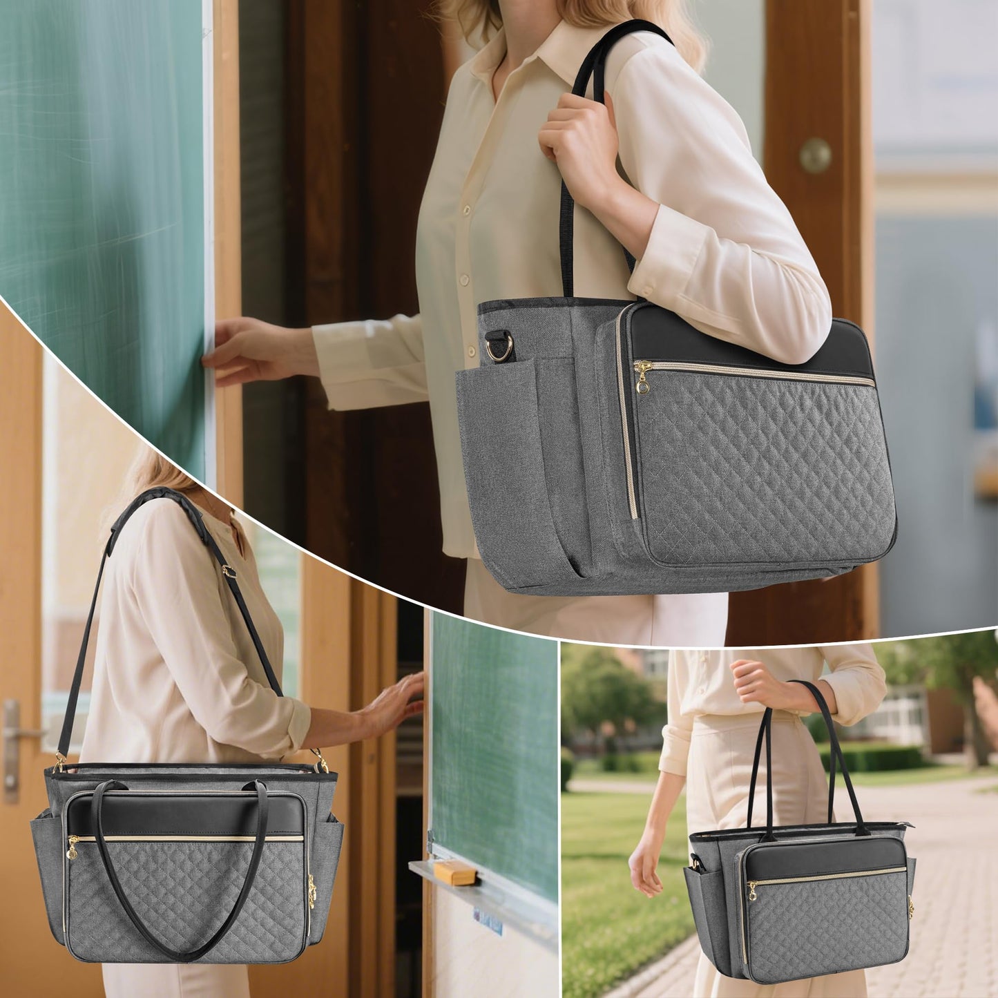 LUXJA Teacher Tote Bag with Accordion File Pocket, Teacher Bag for Women with 15.6 Inch Laptop Compartment, Gray