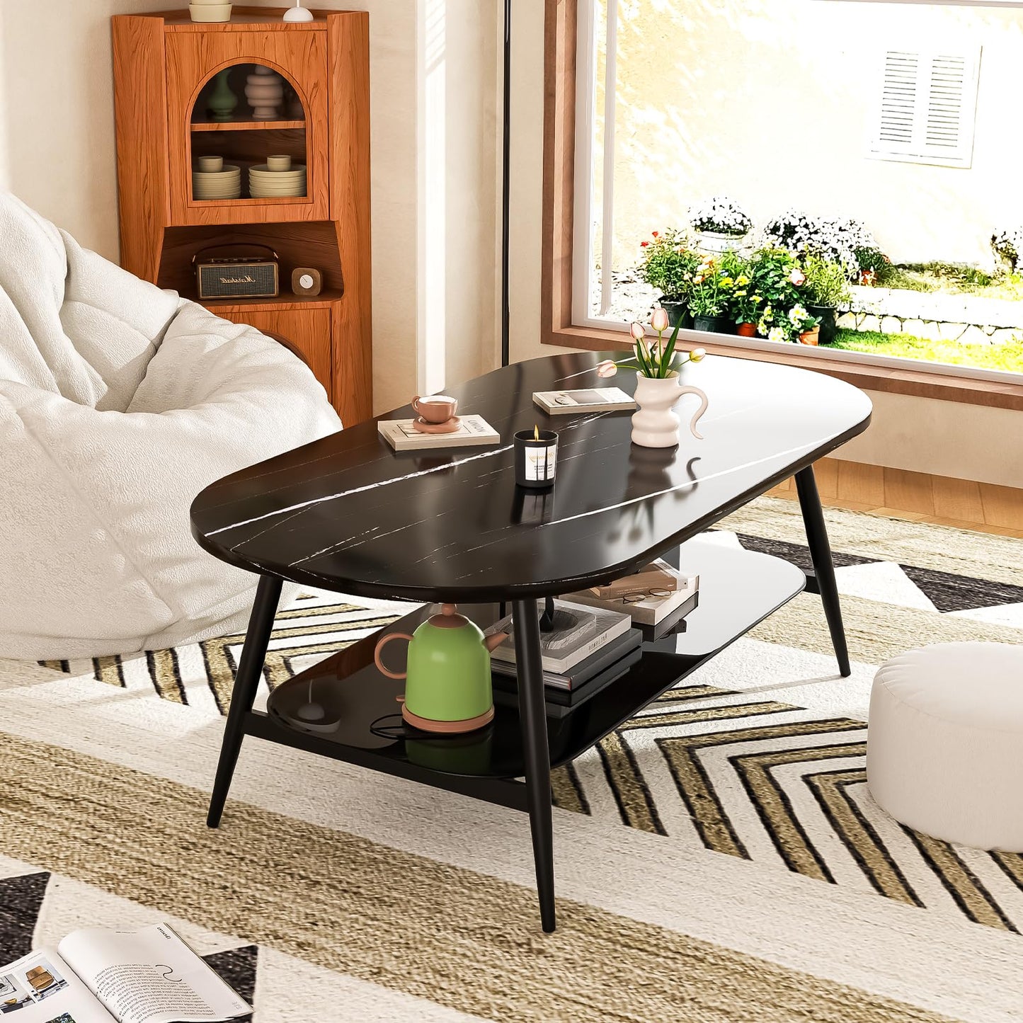 Coffee Tables for Living Room, Black Coffee Table with Glass Shelves, Spacious Oval-Shaped Mid Century Modern Coffee Table