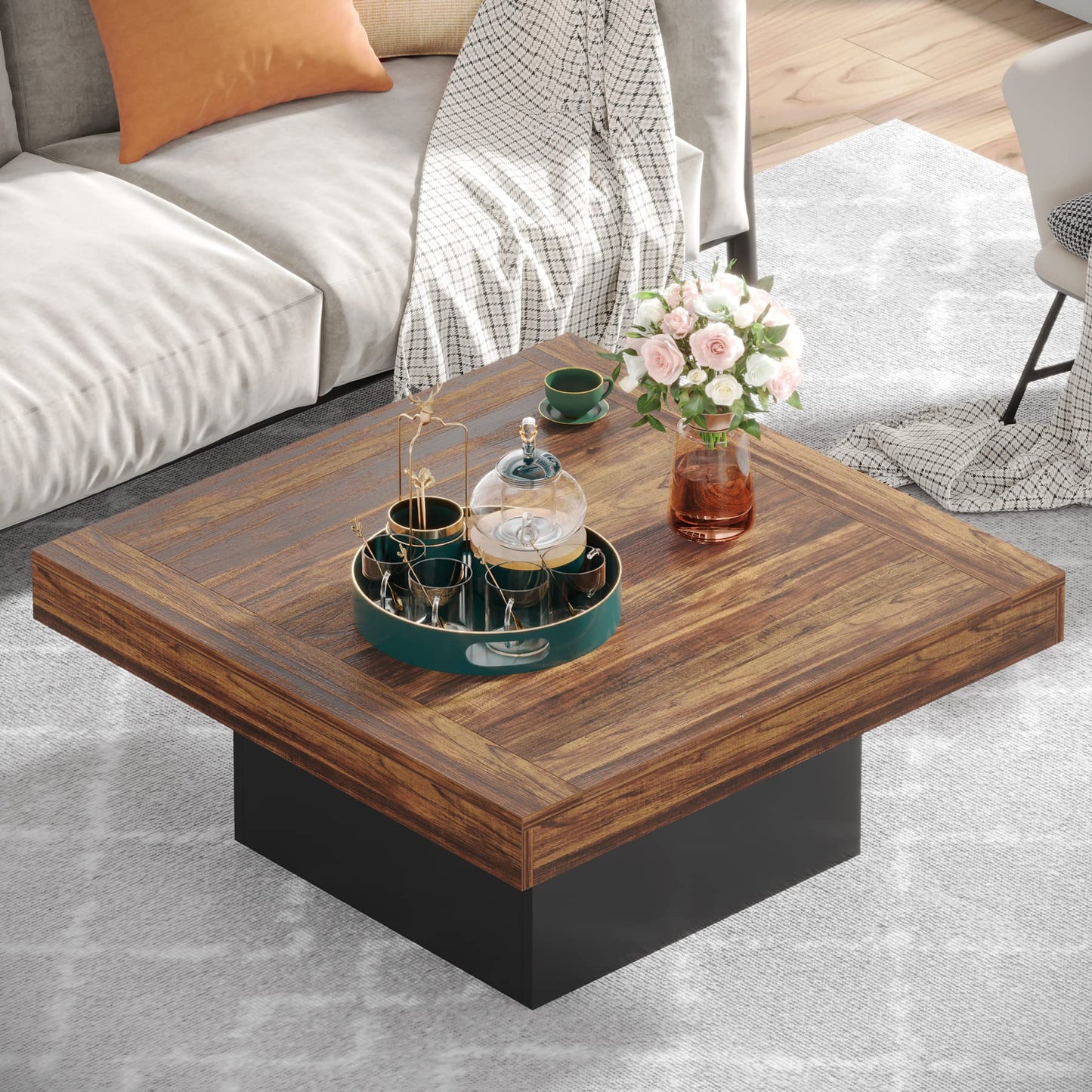 Tribesigns Farmhouse Coffee Table Square LED Engineered Wood Low Coffee Table for Living Room Rustic Brown & Black