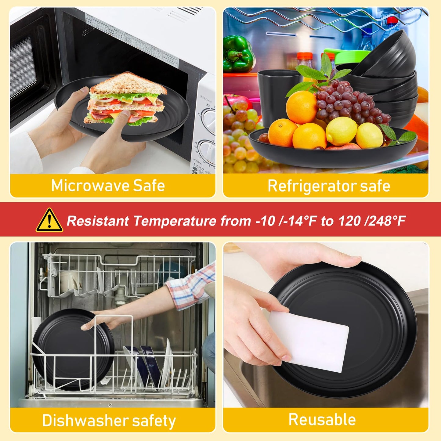 LIYH 16 Pcs Black Wheat Straw Dinnerware Set - Unbreakable Plates and Bowls Set, Dish Set for 4, Black Plastic Dinnerware Set Include Wheat Straw Dinner Plates Bowls Cups Kitchen & Camping