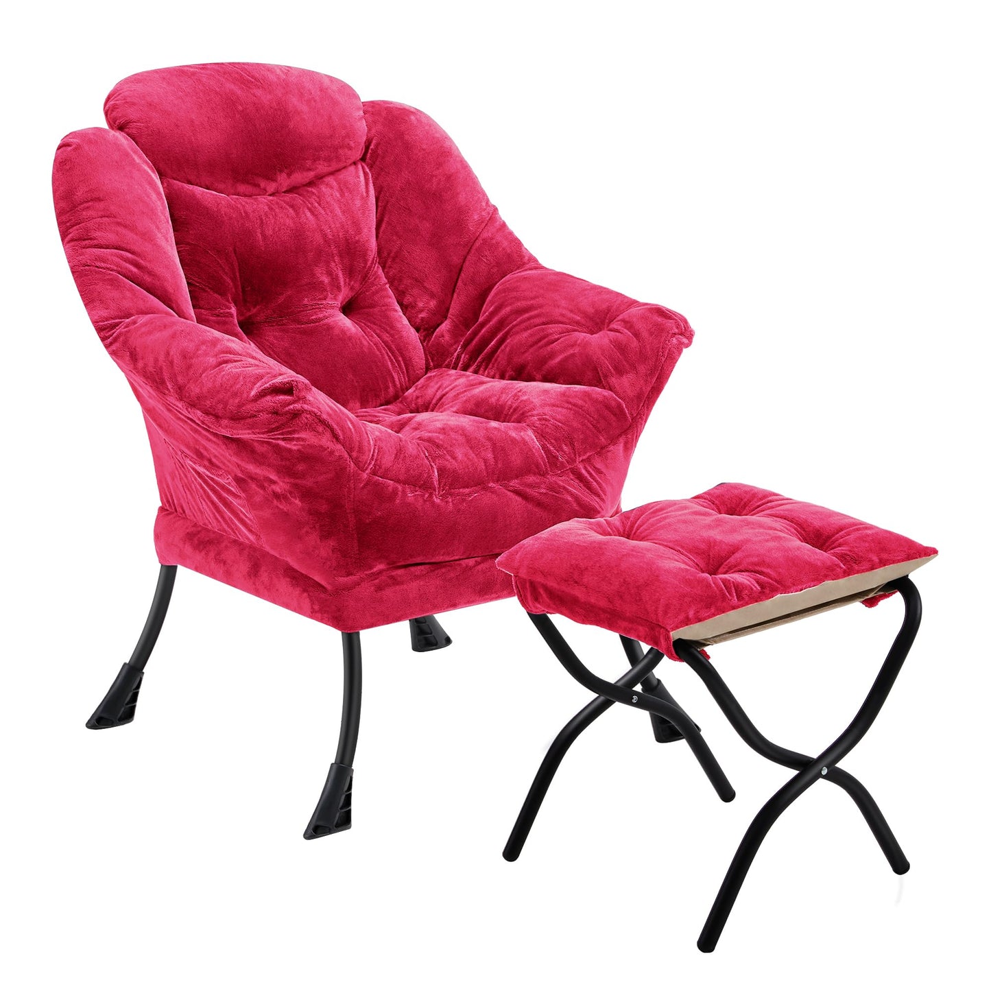 Halituny Fabric Lazy Chair with Ottoman, Oversized Upholstered Sofa Chair for Adults, Plush Comfy Lounge Chair with Large Side Storage Pocket, Reading Chair for Living Room, Bedroom, Office, Rose Red