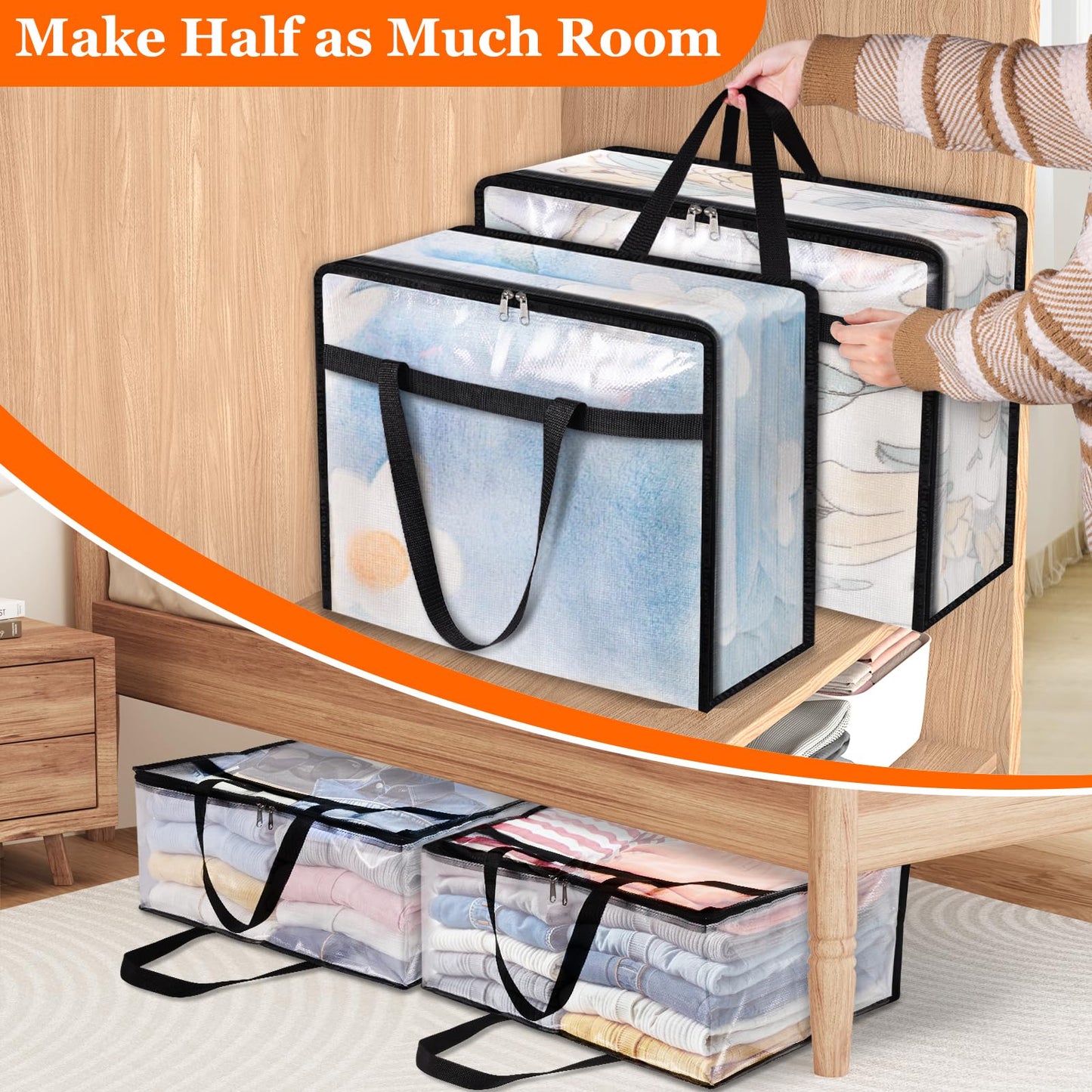 TasticTotes 6 Pack Clear Storage Bags for Comforter, Clothes & Bedding, Plastic Blanket Storage with Zipper and Handle, Moving Bags, Closet Organizer and Under-Bed Storage (90L)