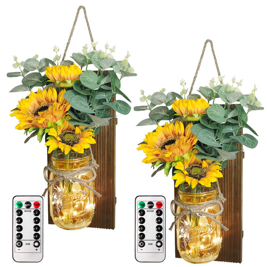 OurWarm Country Farmhouse Sunflower Wall Decor with Mason Jars, Remote 6-Hour Timer LED Lights, Hanging Mason Jar for Home Kitchen Decor Living Room Lights, Set of 2