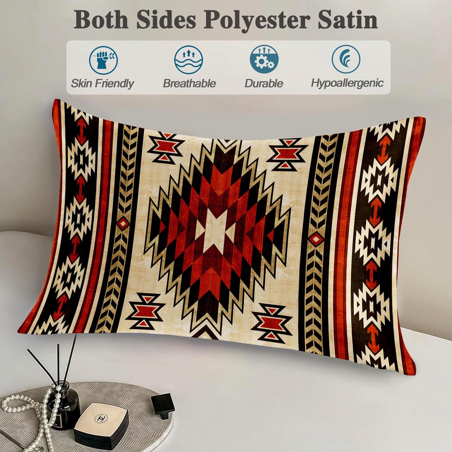 Imitation Silk Pillow Case for Hair and Skin Western Native American King Size 1 Pack Satin Pillow Cases with Zipper Super Soft Pillow Cover for Women Bed Sleeping, 20x36 Inches