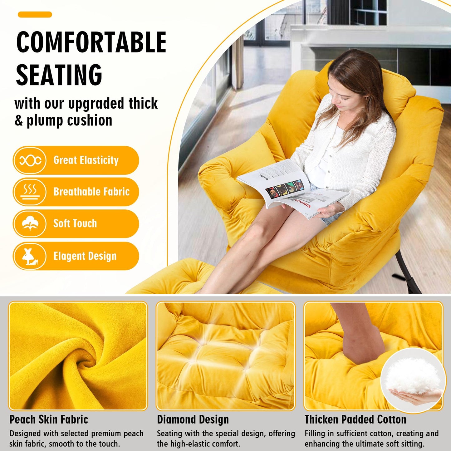 Avocahom Accent Lazy Chair with Ottoman,Leisure Sofa Armchair with Footrest,Oversized Reading Chair for Bedroom,Dorm Room,Living Room,Courtyard,Office,Yellow