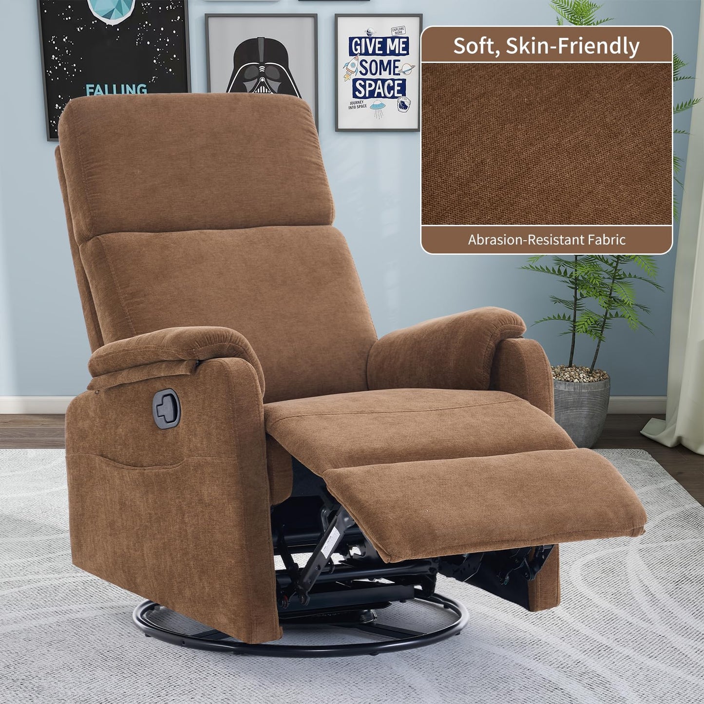 Recliner Chair, 360 Swivel Rocker Chair for Adults, Small Rocking Recliner Chair for Small Spaces, Upholstered Fabric Glider Recliner Nursery with Side Pockets for Living Room, Fabric Brown