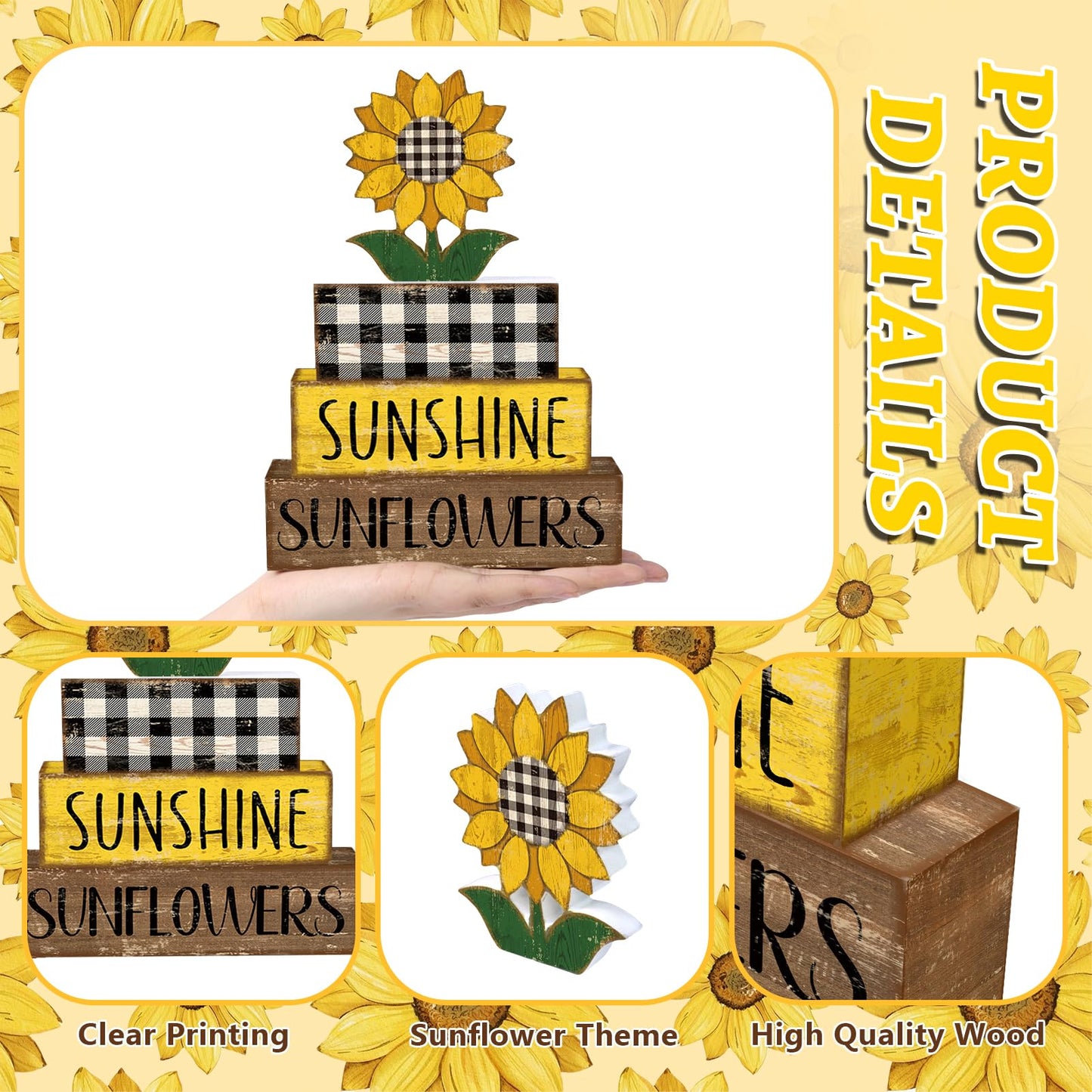 Britimes 4 Pcs Summer Sunflower Decor Wooden Tiered Tray Sign, Farmhouse Rustic Decorative Book Stack Block Sunshine Table Centerpieces for Home Shelf Table Decorations (Sunflower)