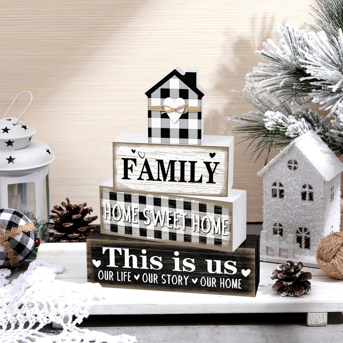 Cinnvoice Farmhouse Wooden Tabletop Decor Rustic Home Sweet Home Table Centerpieces This Is Us Block Sign Black and White Buffalo Plaid Table Decor for Kitchen Shelf Desk Mantel Tiered Tray Decoration
