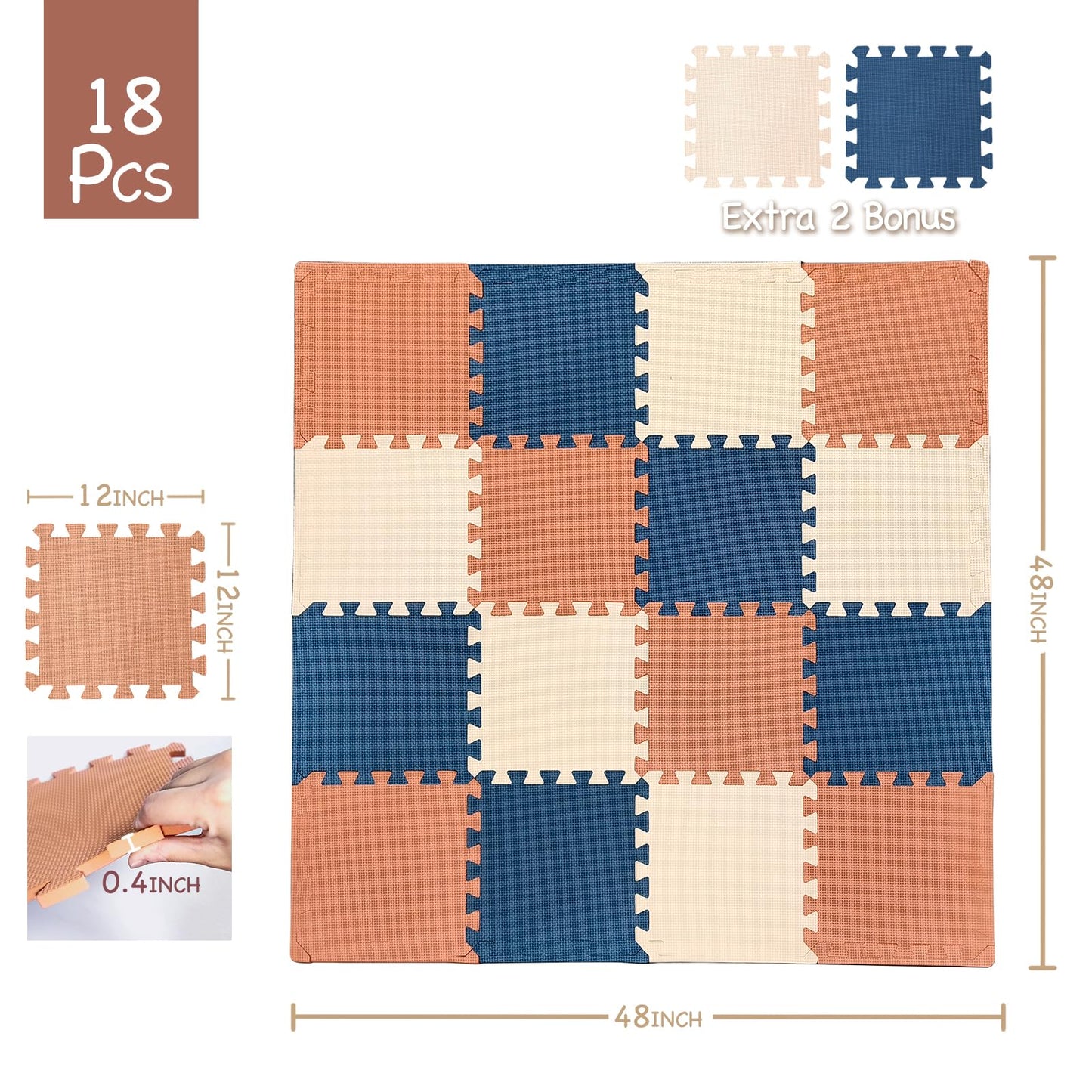 TCBunny Kids Soft EVA Foam Jigsaw Puzzle Play Mat, 18 Interlocking Tiles and Edges Baby Play Mat, for Kids Gym, Nursery, Playroom, Pet Mat, Total Floor Coverage 16 Sq Ft, Blue/Pink/Cream