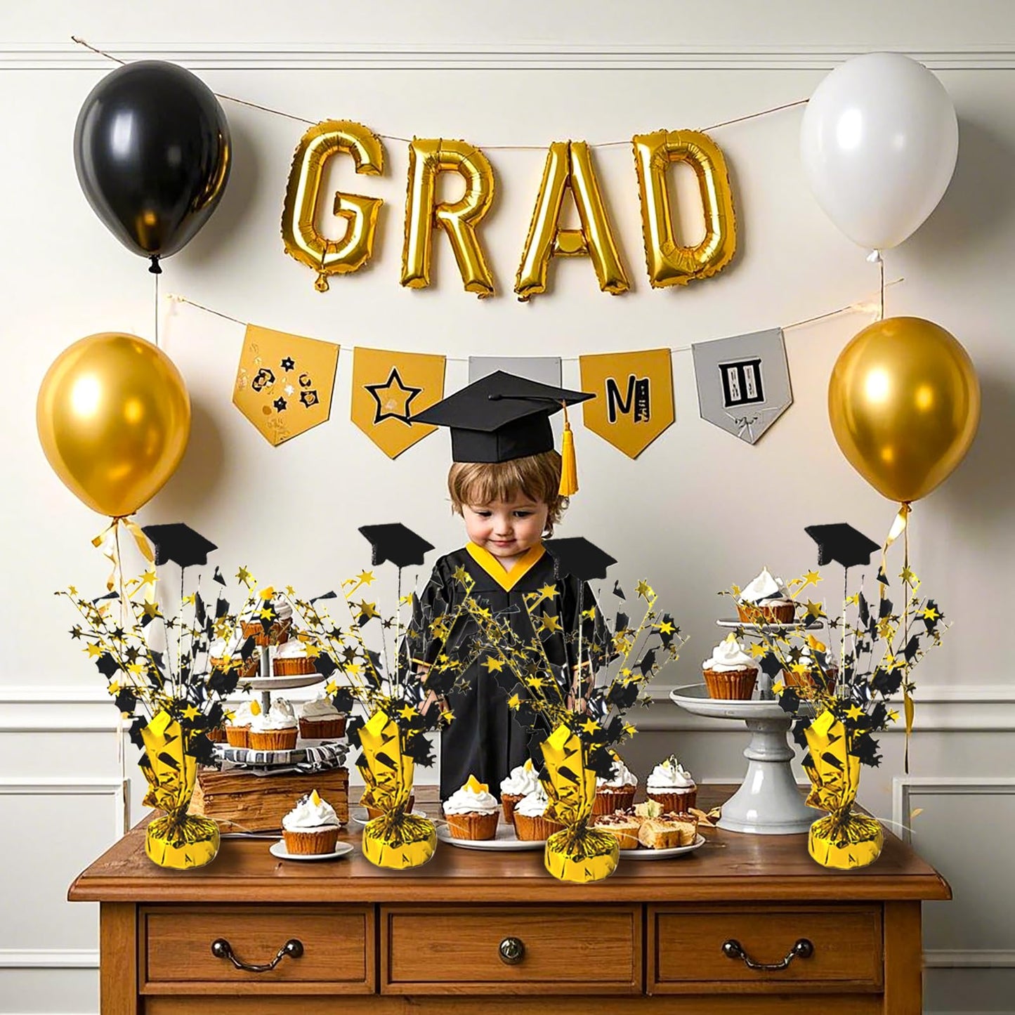 FUBININA 6 Pack 2025 Graduation Table Centerpiece Party Decoration Metallic Foil Spray Glitter Graduate Cap Decor Star Table Top for Graduation Parties Grad Ceremonies Party Favor, Black and Gold