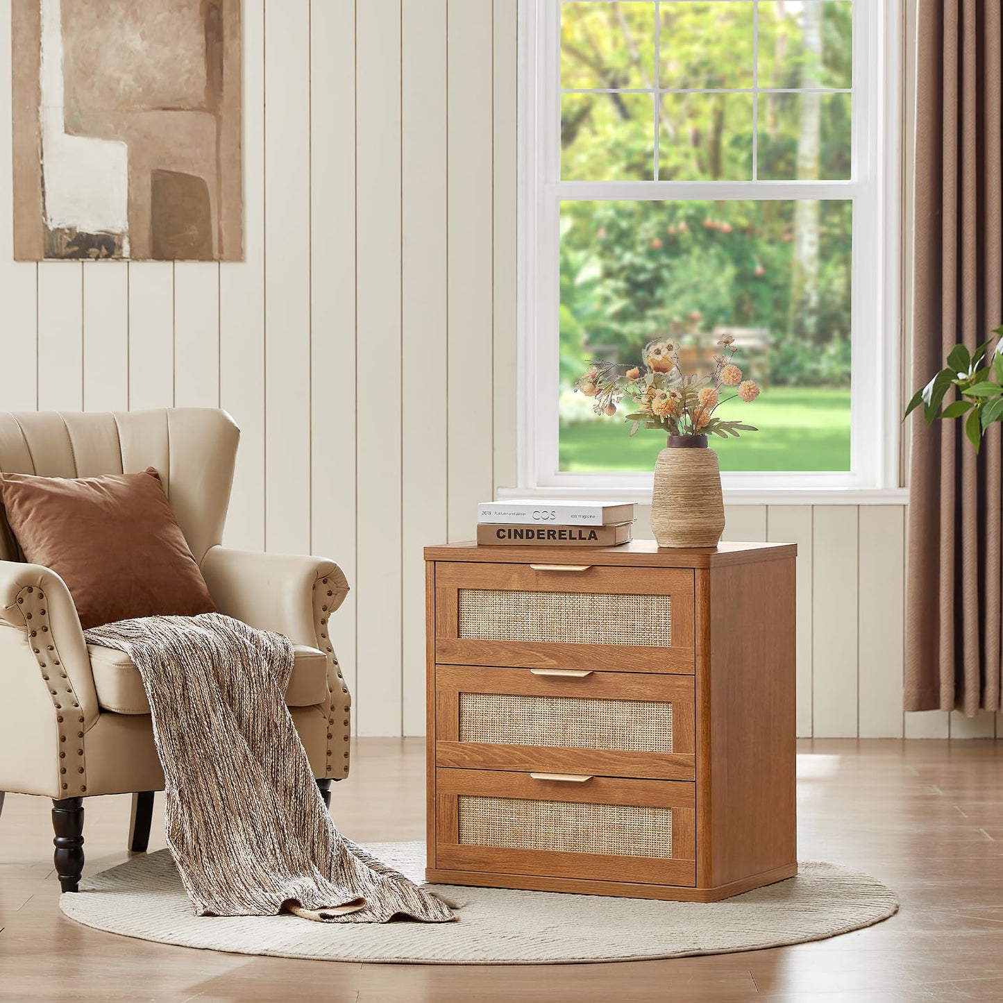 LEYAOYAO Rattan Night Stand with Drawers, 23" Large 3 Drawer Boho Nightstand, Natural Wood Bedside Table Storage Cabinet, Bed Side End Tables Dresser for Bedroom, Living Room, Hallway, Closet