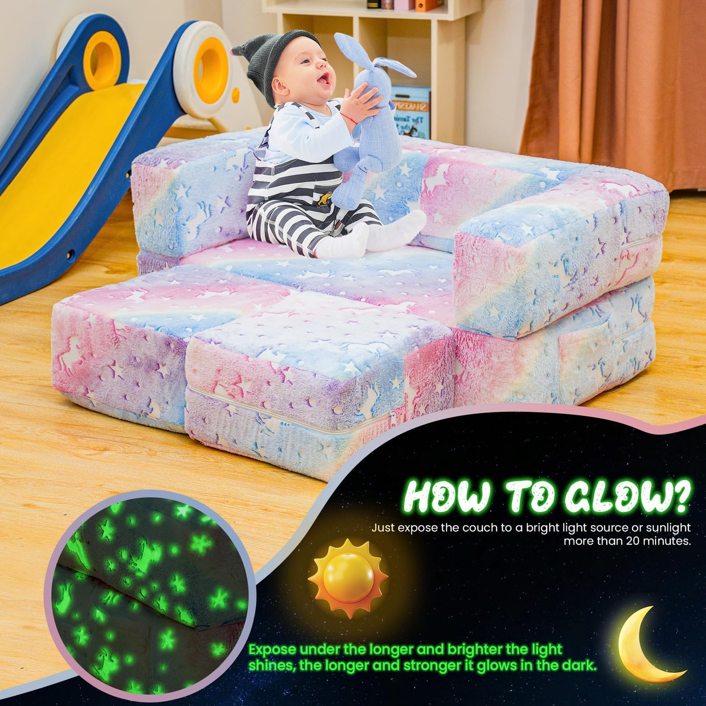 furlinkhm Modular Kids Play Couch, Glow in The Dark Kids Play Couch Toddler Couch,Kids Couch for palyroom, Convertible Baby Fold Out Play Foam and Floor Cushion for Bedroom (Rainbow+Unicorn)