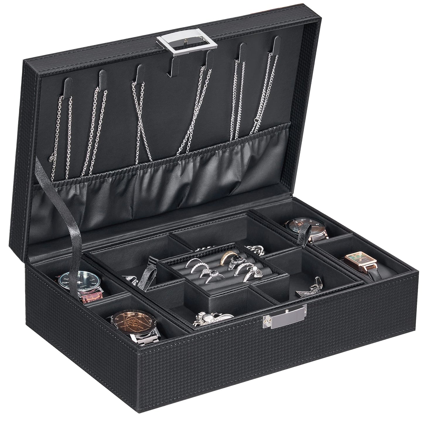 BEWISHOME Mens Jewelry Box Organizer, Jewelry Box for Men Women with 4 Watch Case Removable Tray, Jewelry Display Storage Case, Carbon Fiber Design Earring Ring Bracelet Case, Black SSH07C