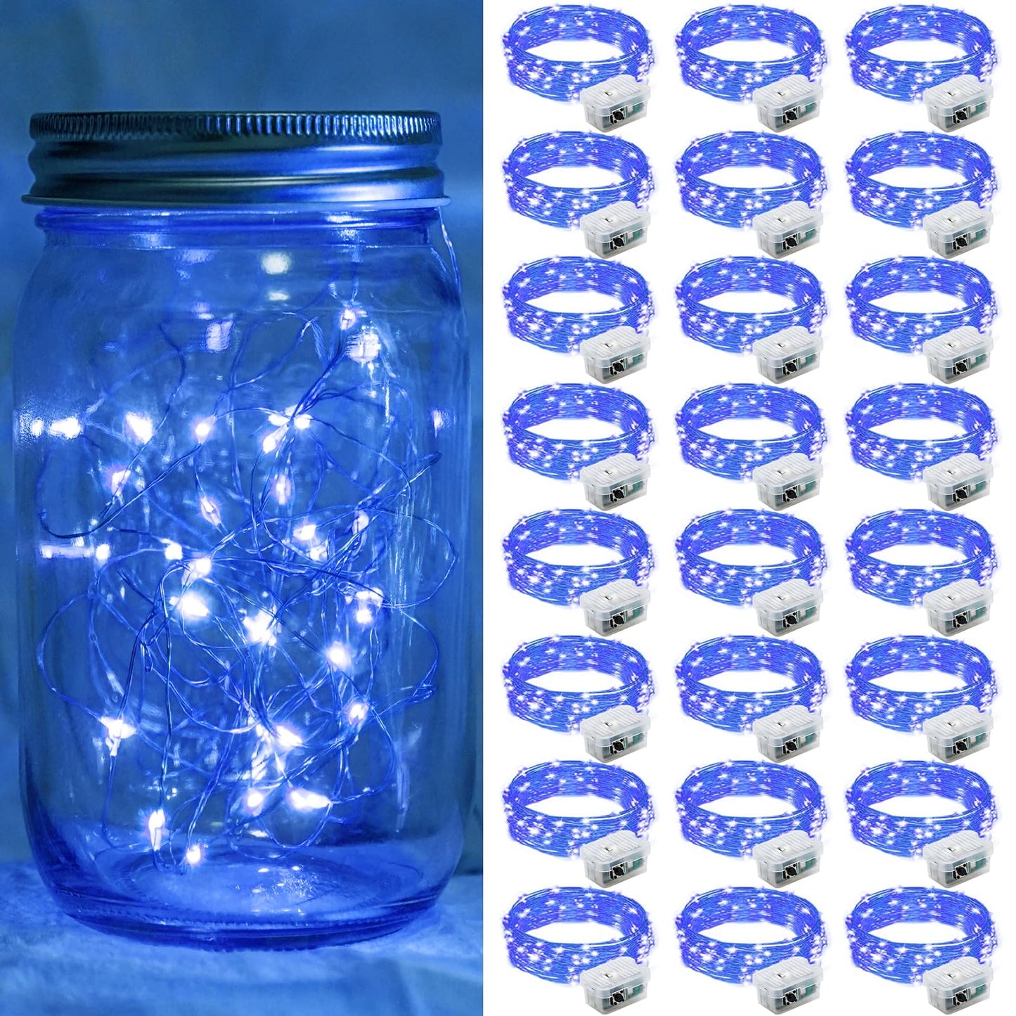 chzk 24 Pack Blue Fairy Lights 7Ft 20 LED Twinkle String Lights Battery Operated Waterproof Firefly Starry for Mason Jar Party Halloween Christmas Valentines Day (24, Blue)
