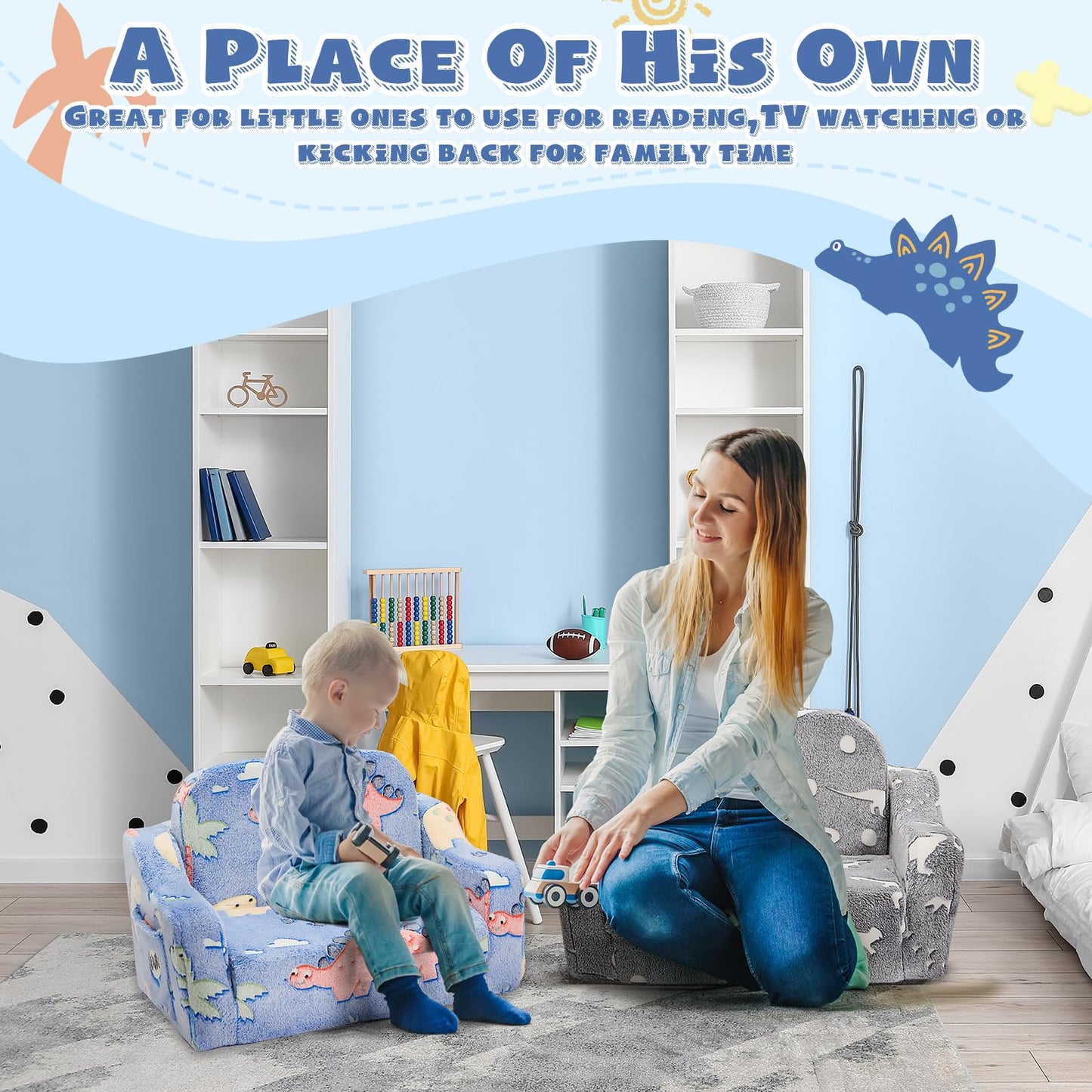 BUPPLEE Kids Sofa, 2-in-1 Soft Toddler Couch Fold Out, Toddler Chair Comfy with Cute Designs, Convertible Sofa to Lounger for Girls and Boys, Gray