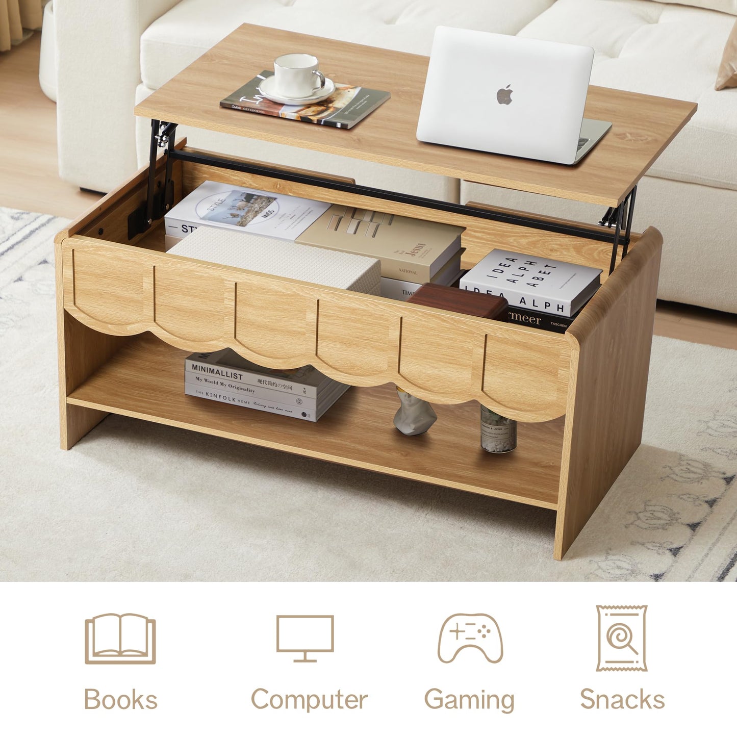 Lift Top Coffee Table with Hidden Compartment, 2 Tier Wooden Center Table with Wave Panel, Modern Lift Tabletop for Home Living Room Office, Natural