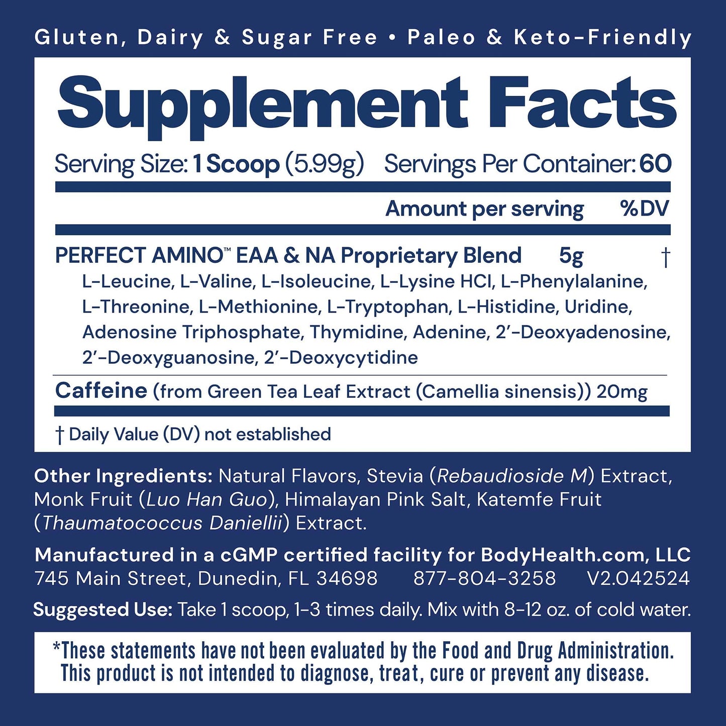 BodyHealth PerfectAmino Powder - BCAA and EAA Powder for Pre and Post Workout - Amino Acid Energy Drink for Men and Women to Support Lean Muscle and Recovery - Mocha - 60 Servings