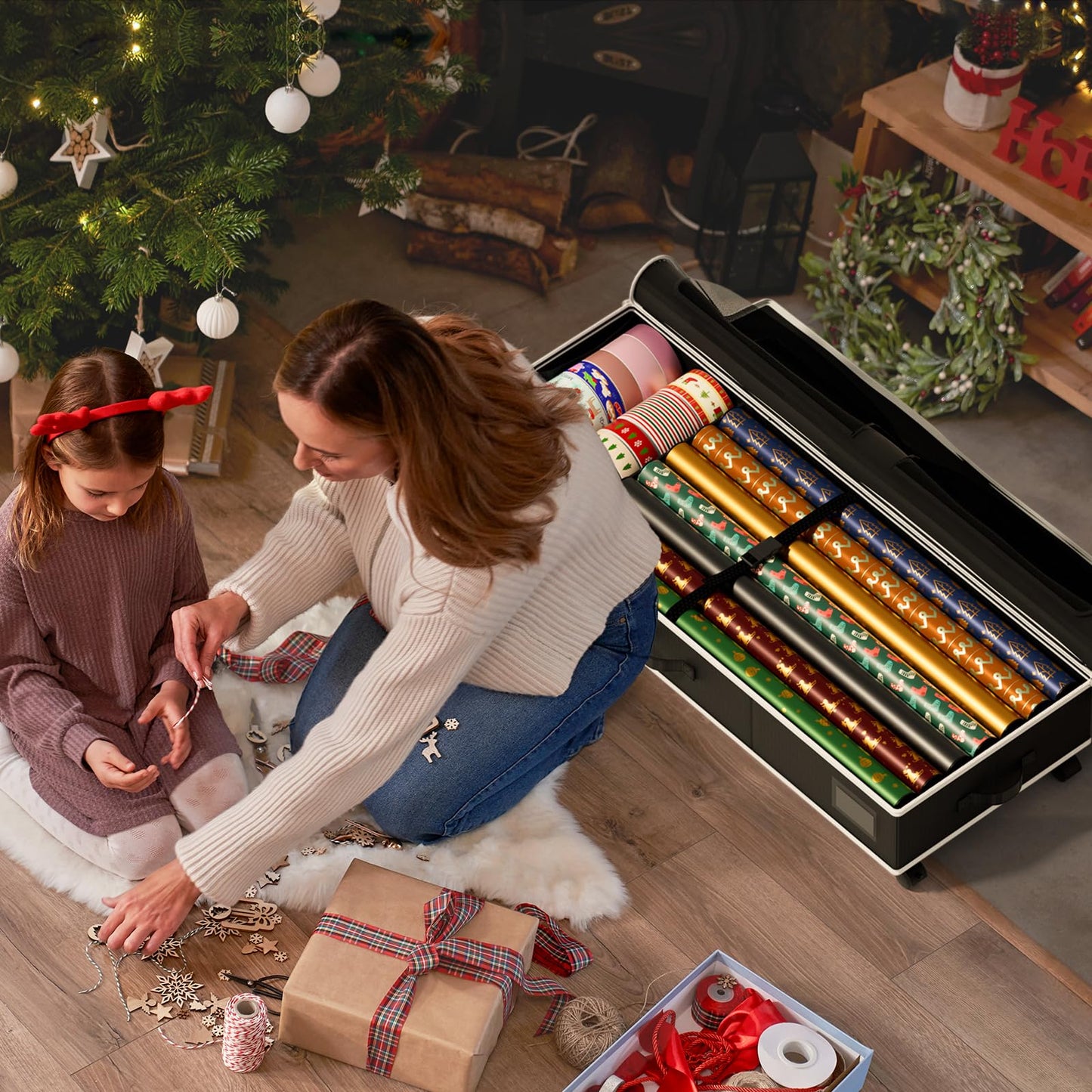 GoMaihe Wrapping Paper Storage with Wheels: Fits 41" Under-bed Gift Wrap Organizer & Container for Christmas Ribbon Accessories | Pockets & Adjustable Dividers | Easy Pull-out | Heavy-duty | Black