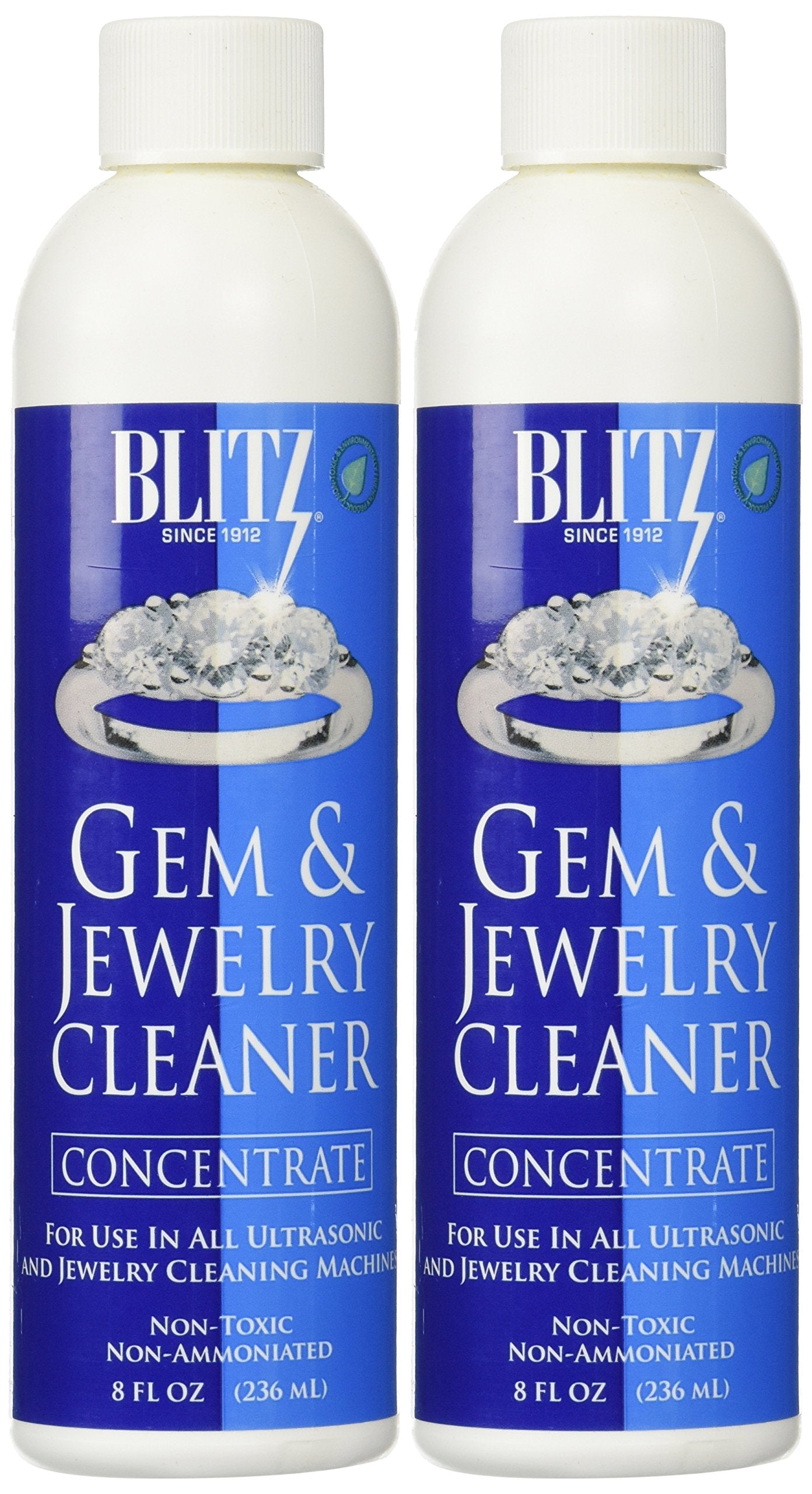 Blitz Gem & Jewelry Cleaner Liquid Concentrate for Gold, Silver, Platinum Jewelry Polish Non-Porous, Precious & Semi-Precious Stones Non-Toxic, Non-Abrasive, Earth Friendly Made in USA 8oz (Pack of 2)