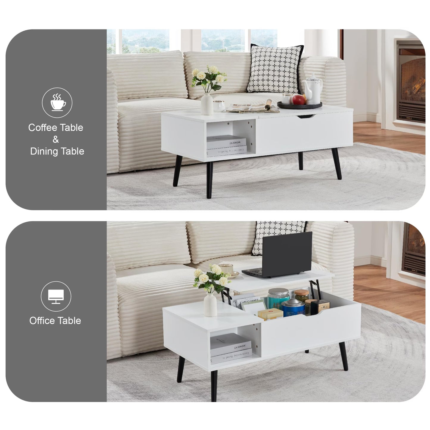 Softa Coffee Tables for Living Room, Wood Lift Top Coffee Table with Storage Shelf and Hidden Compartment, Dining Center Pop-up Table for Home, Office(White)
