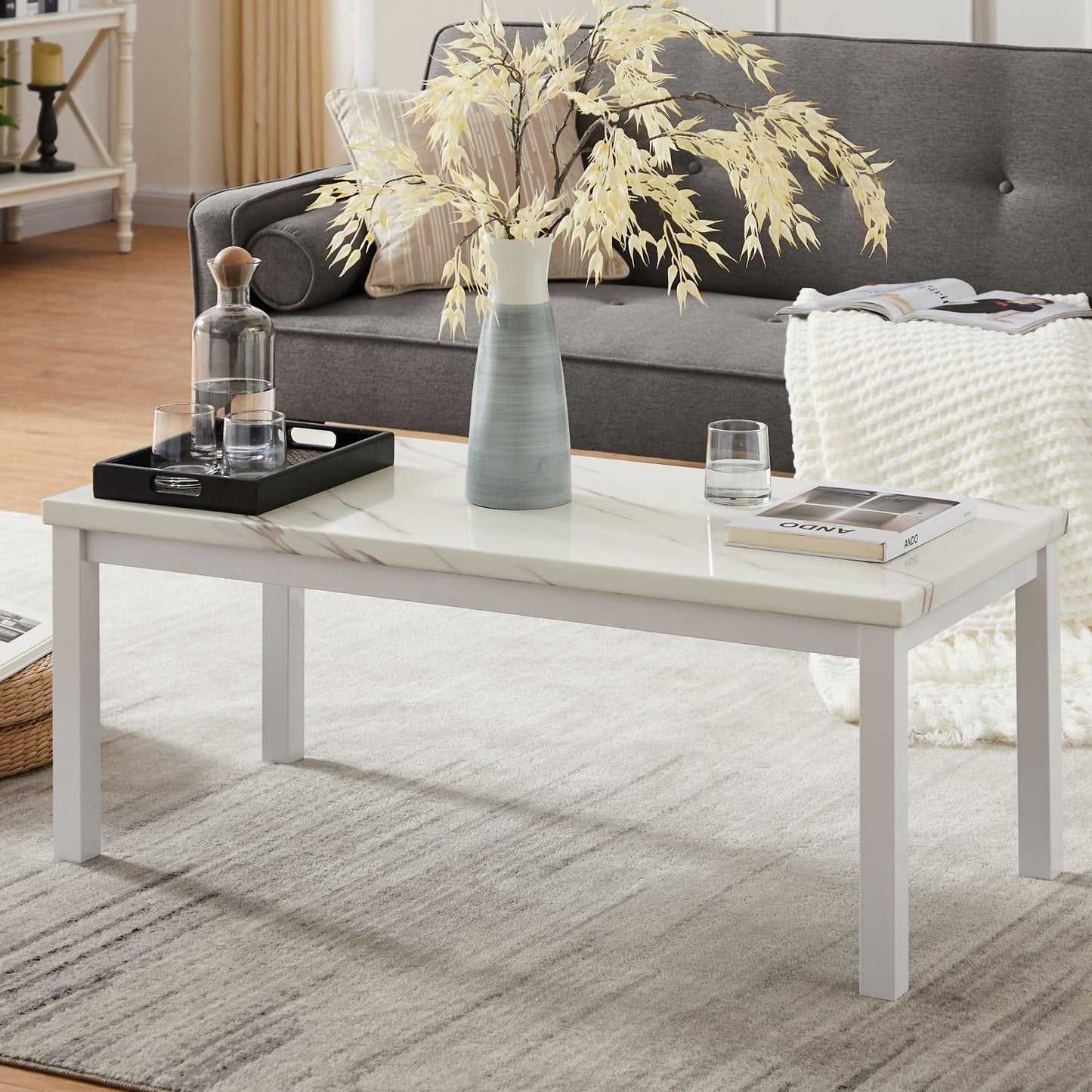Recaceik Coffee Table Set of 3, Modern Living Room Table Set, Faux Marble Coffee Table and End Table Sets, Simple & Stylish Center Tables for Living Room Home Office Apartment Furniture