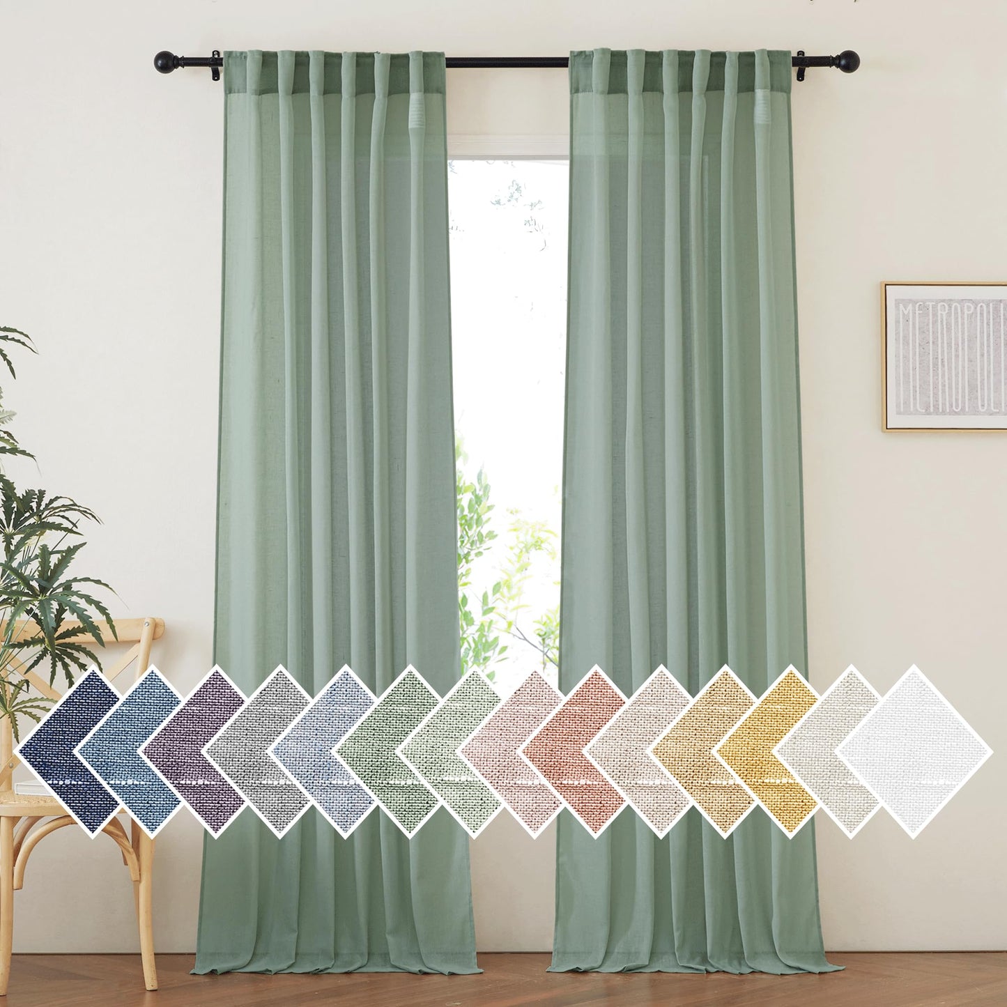 NICETOWN Linen Curtains for Windows 84 inch Length, Rod Pocket & Back Tab Semi Sheer Linen Curtains & Drapes Privacy with Light Through for Bedroom/Living Room, Natural, W52 x L84, 2 Pieces