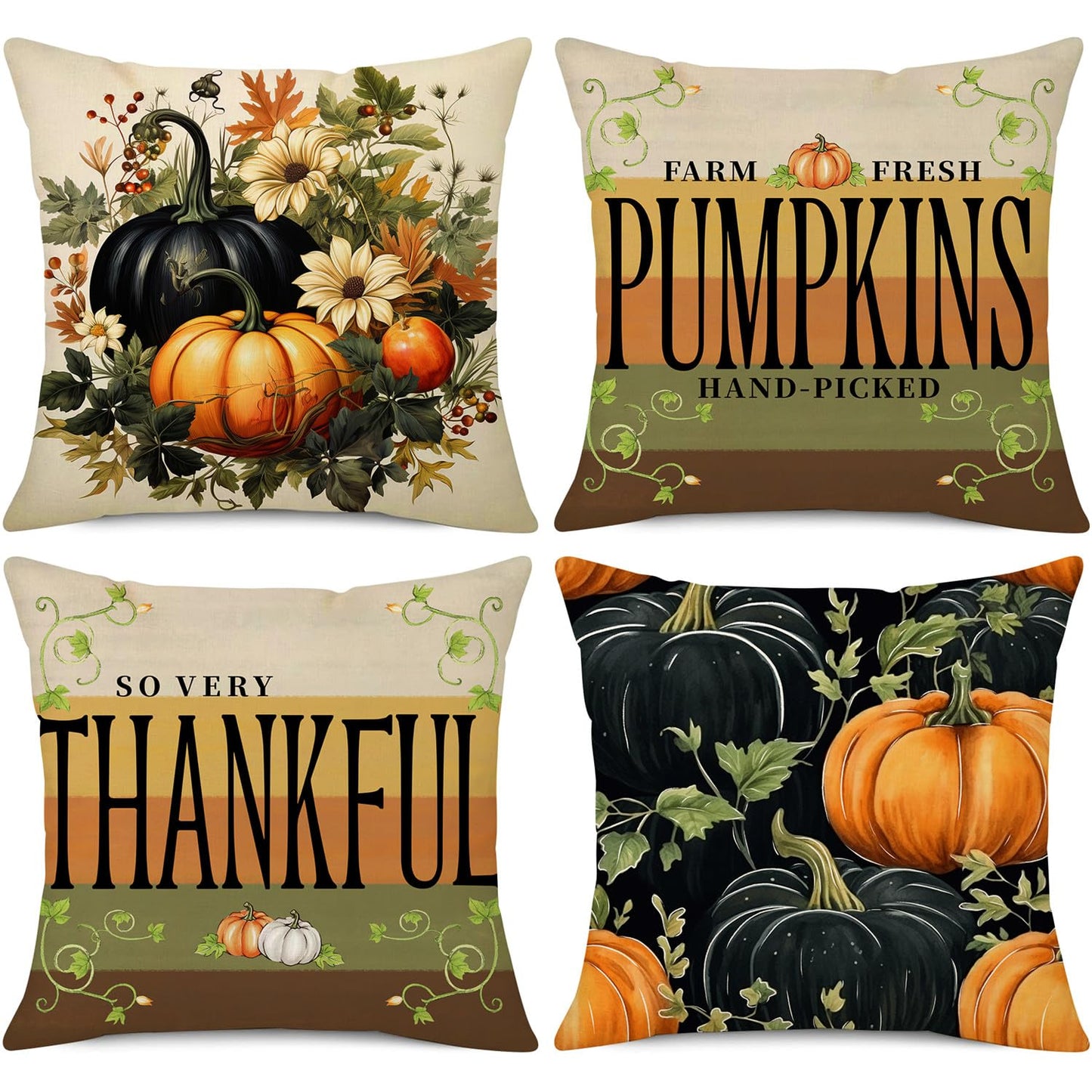 NIGHTWISH Fall Pillow Covers 18x18 Set of 4 Thanksgiving Farmhouse Decorations Dark Green Orange Pumpkin Outdoor Fall Decor Throw Pillow Covers Striped Vines Harvest Autumn Cushion Case for Sofa Couch