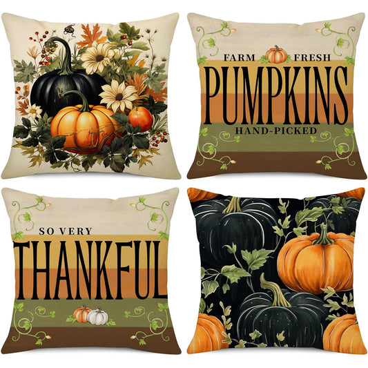 NIGHTWISH Fall Pillow Covers 18x18 Set of 4 Thanksgiving Farmhouse Decorations Dark Green Orange Pumpkin Outdoor Fall Decor Throw Pillow Covers Striped Vines Harvest Autumn Cushion Case for Sofa Couch