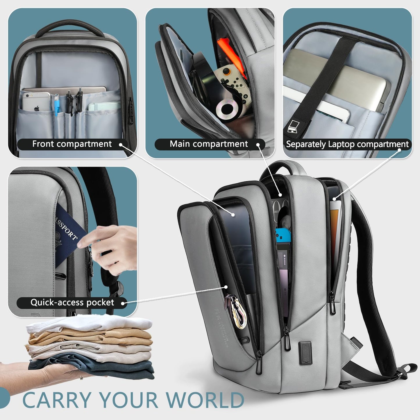 hk Laptop Backpack for Men with USB Charging Port Water-Resistant for 15.6 Inch Computer Bag Durable High-Tech Daypack Casual Backpack for Business Work College Weekender Travel- Grey