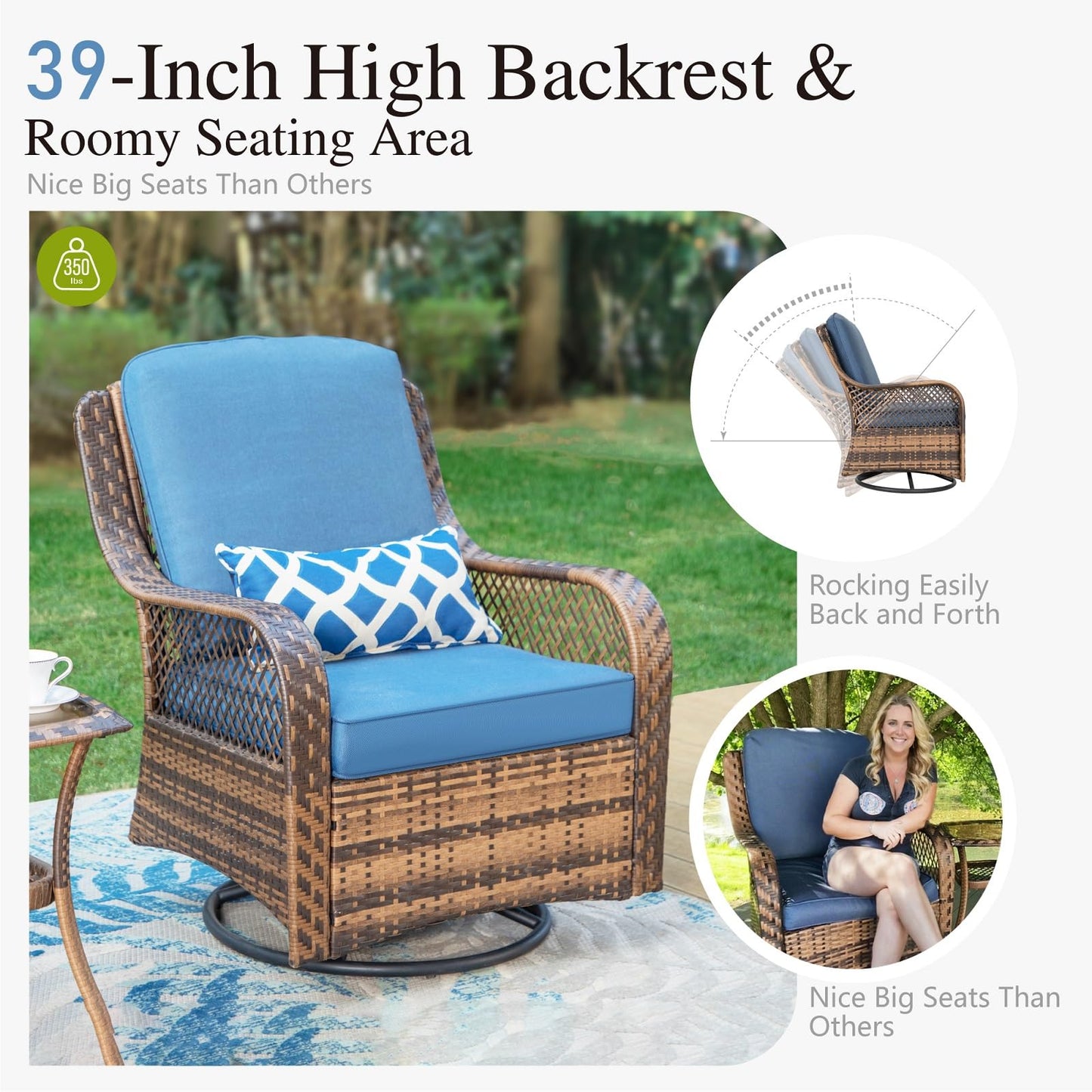 PHI VILLA Oversized Outdoor Swivel Rocker Chairs Set Clearance 3 Piece with 1 Table and 2 Rocking & Swivel Chairs Support 350lbs Navy Blue Wicker Outdoor Furniture Patio Conversation Set