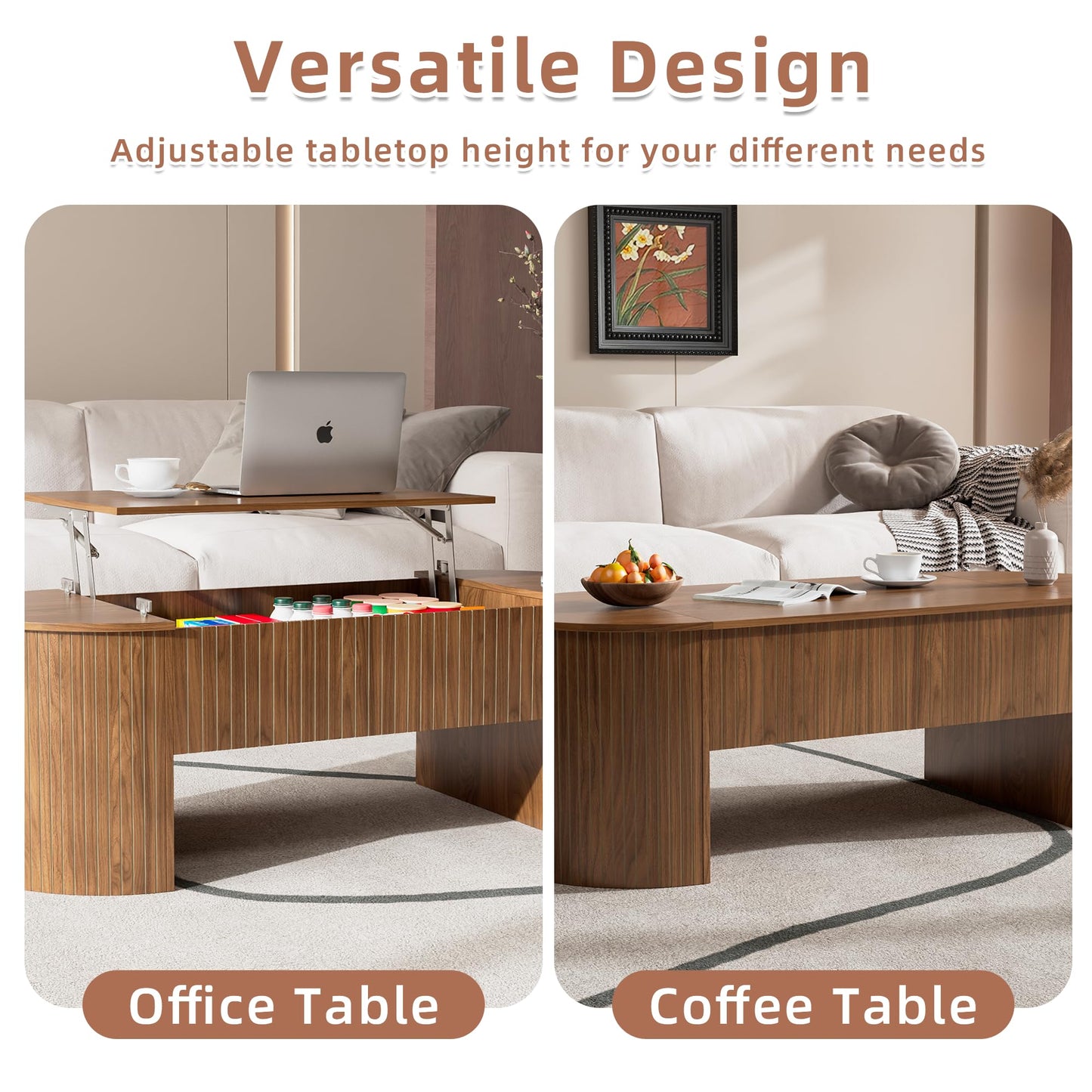 Lift Top Coffee Table with Hidden Storage Compartment, Oval Wooden Coffee Table with Lift Tabletop for Living Room, Mid Century Modern Center Table for Home Office, 47 Inch (Walnut)