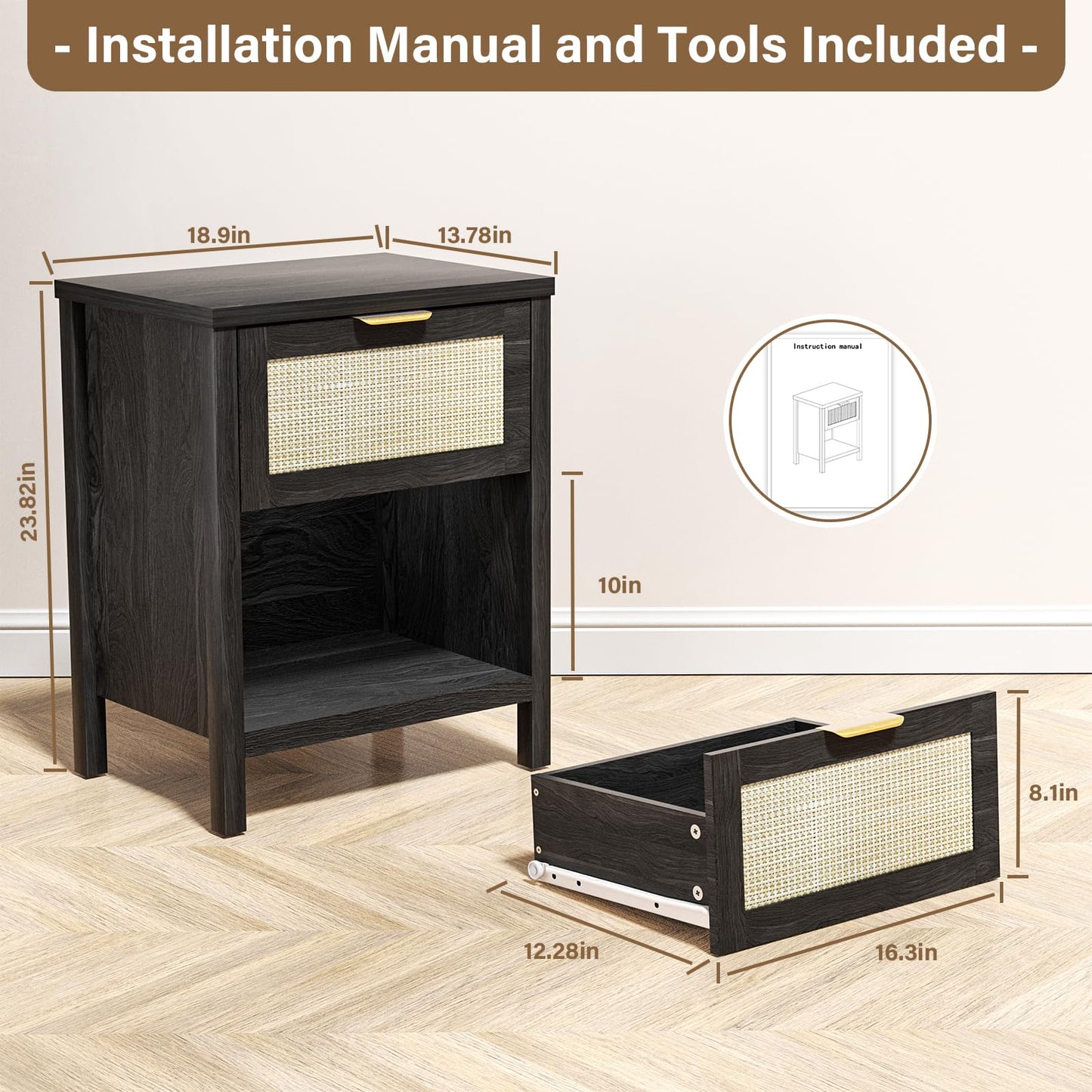 DEMEGA Rattan Nightstand Set of 2 Black Night Stand Bedside Table with Drawer and Storage Shelf Boho Side Table for Bedroom End Tables