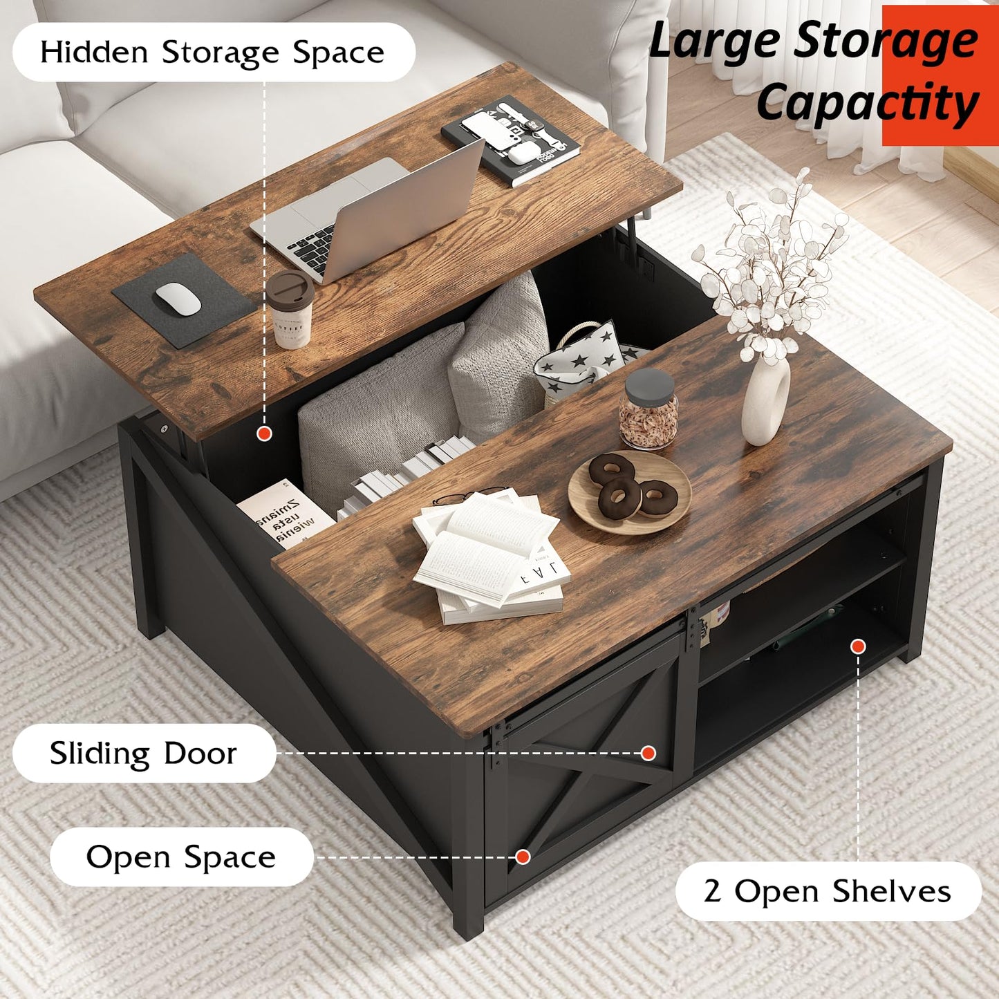 PUKAMI Lift Top Coffee Table with Storage, 31.5" Farmhouse Coffee Table for Living Room, Square Coffee Tables with Large Hidden Storage and Sliding Barn Doors, Black