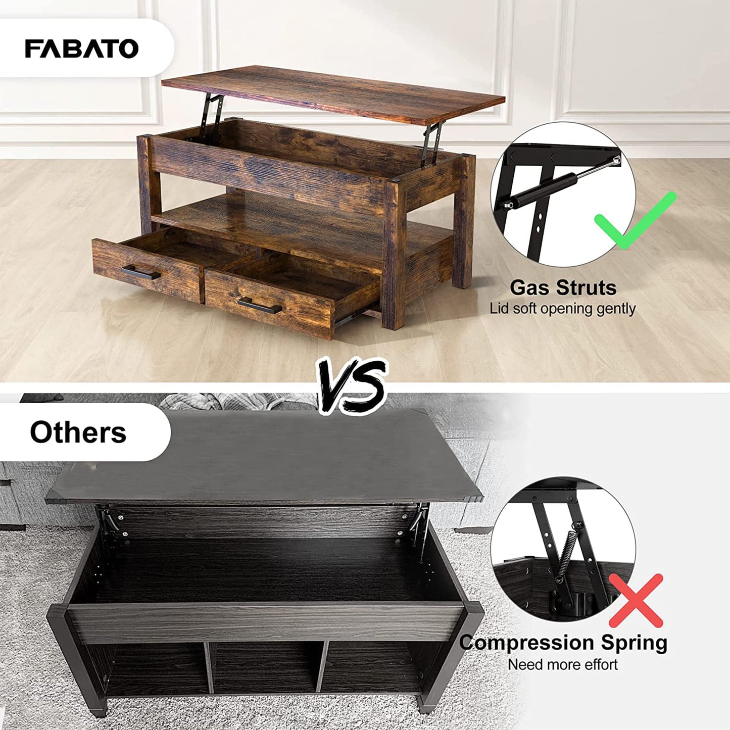 FABATO 41.7'' Lift Top Coffee Table with 2 Storage Drawer Hidden Compartment Open Storage Shelf for Living Room Dining Table Reception Room Rustic Brown