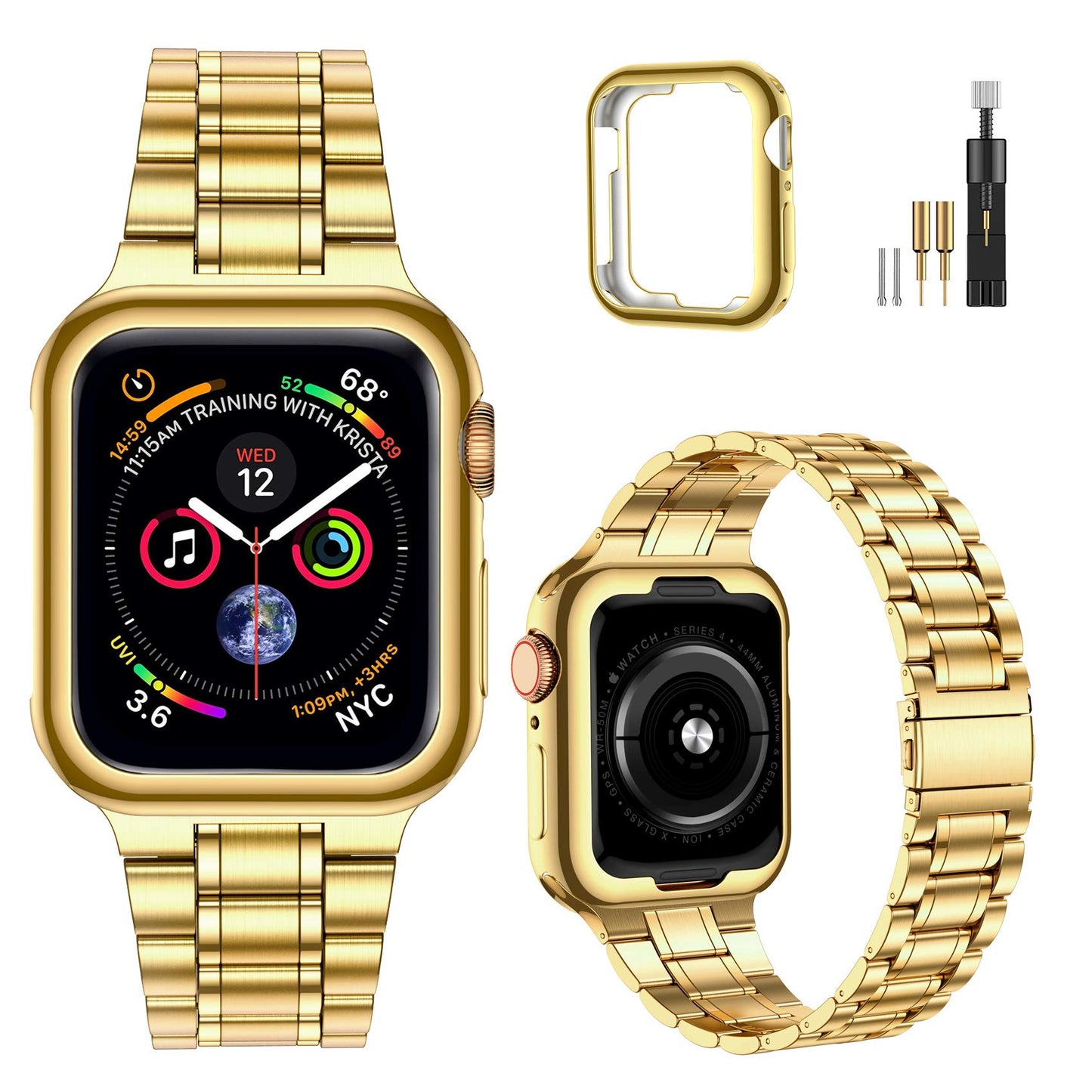 MioHHR Solid Stainless Steel Band Compatible with Apple Watch 38mm 40mm, Metal Strap with Soft TPU Case for iWatch Series 6 5 4 3 2 1 SE Women and Men (Gold, 38/40 mm)