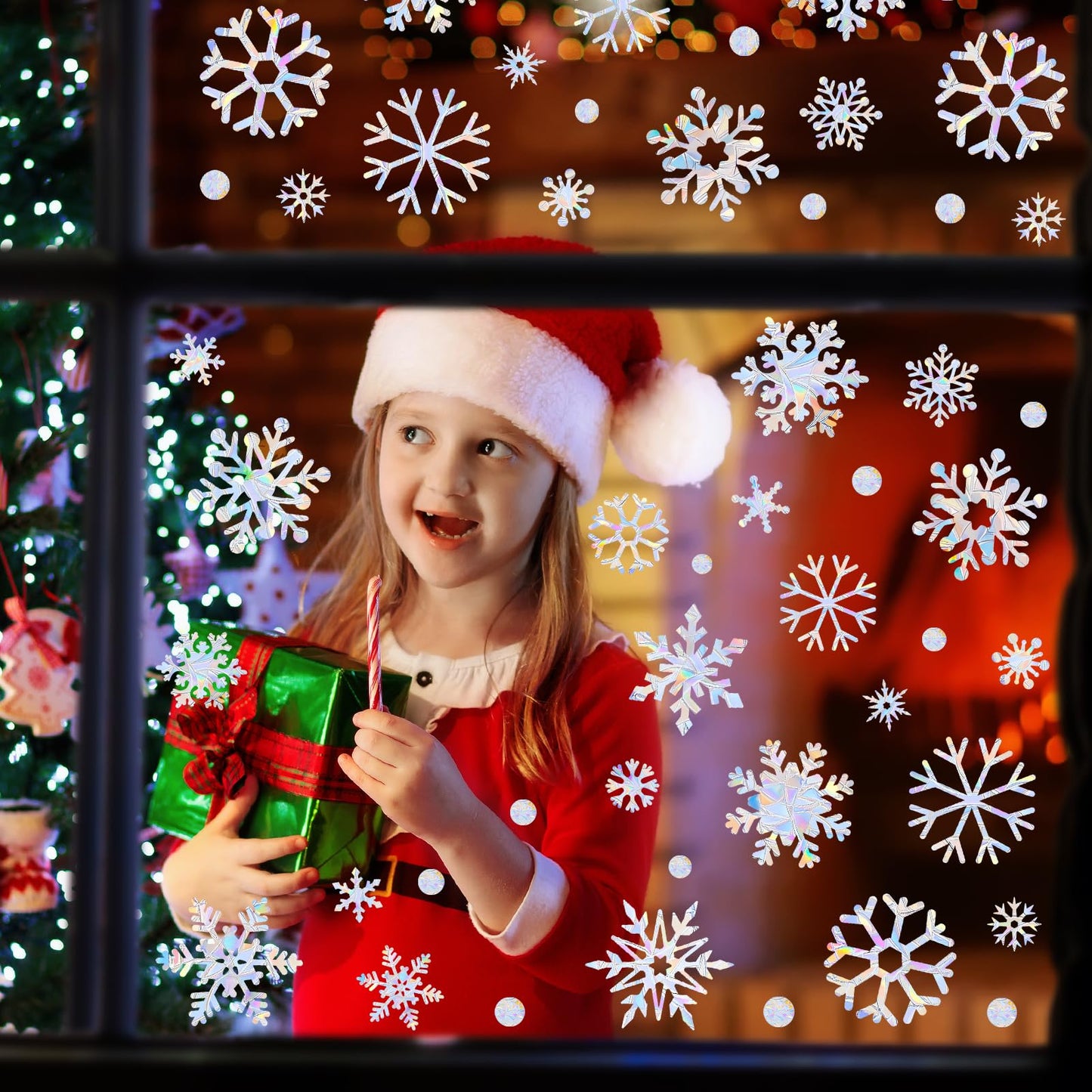 216pcs Christmas Snowflake Window Clings for Glass Windows Decorations, 8 Sheets Iridescent Static Snowflake Window Decal Stickers for Christmas Windows Decor ﻿