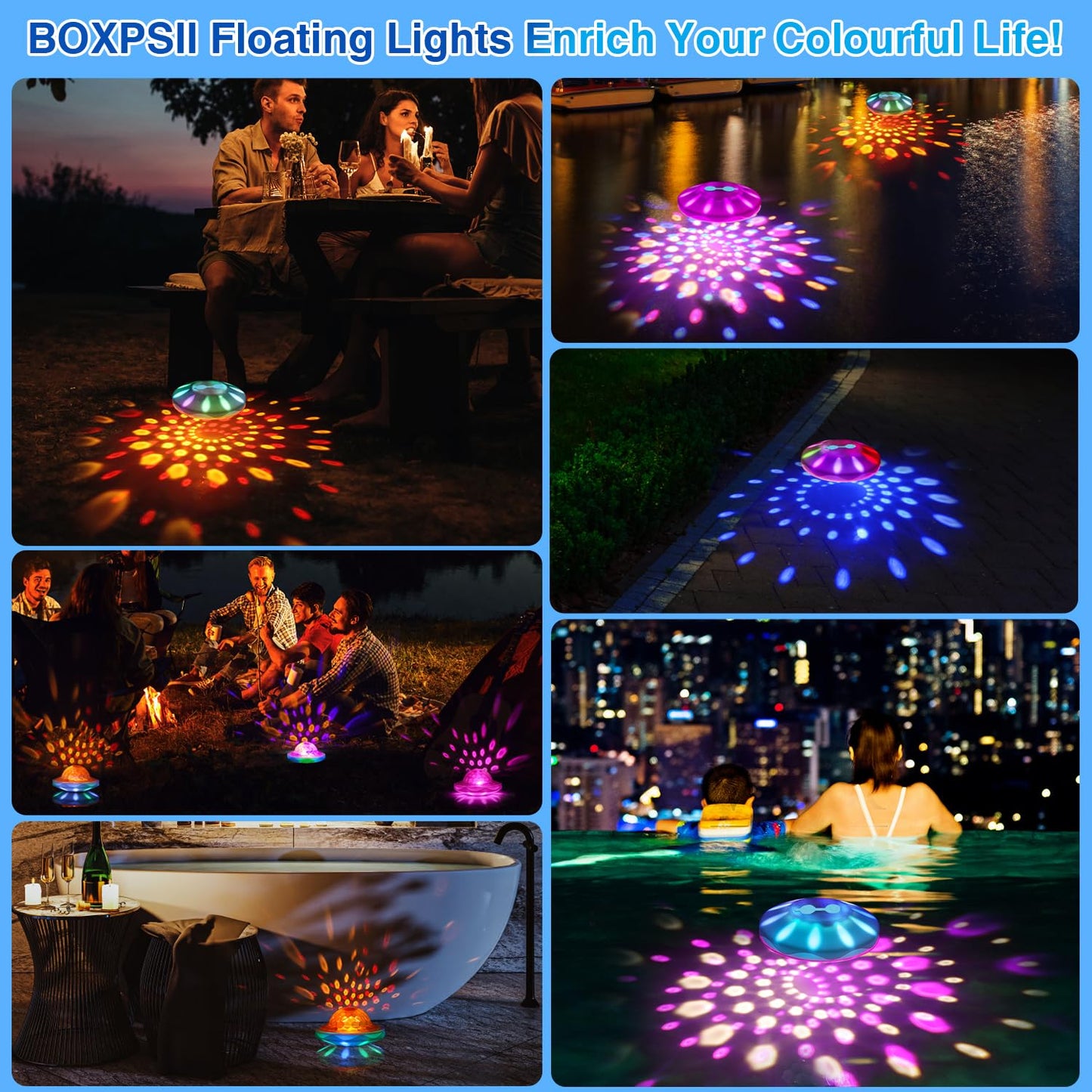 BOXPSII Rechargeable Floating Pool Lights, Pool Lights with 6 Dynamic Lighting, IP68 Waterproof Pool Light RGB Upper and Lower Color Changing LED Pool Light for Pools, Party, Fountains 1PACK