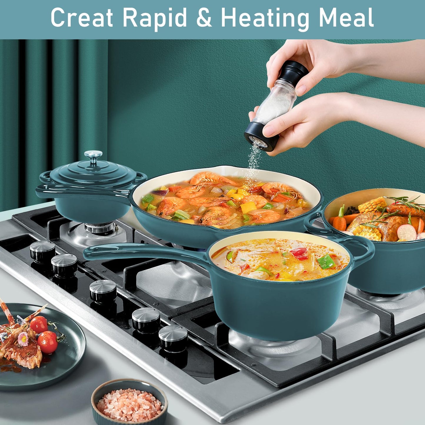 Nonstick Enameled Cast Iron Cookware Set- 9 Pieces Dutch Oven Pot with Lid for Braising, Stews, Roasting, Bread Baking, Cooking Pot Oven Safe & Compatible with All Stovetop, Teal Ombre