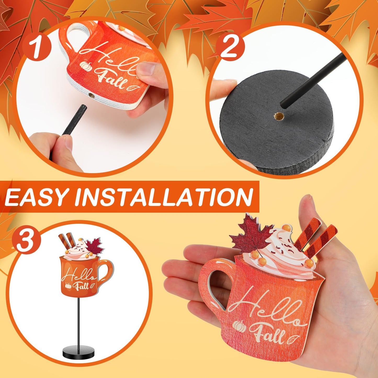 3 Pcs Fall Wood Table Decor Fall Coffee Bar Decor Pumpkin Mug Maple Leaf Wooden Sign Thanksgiving Table Centerpieces for Autumn Thanksgiving Decorations Indoor Outdoor