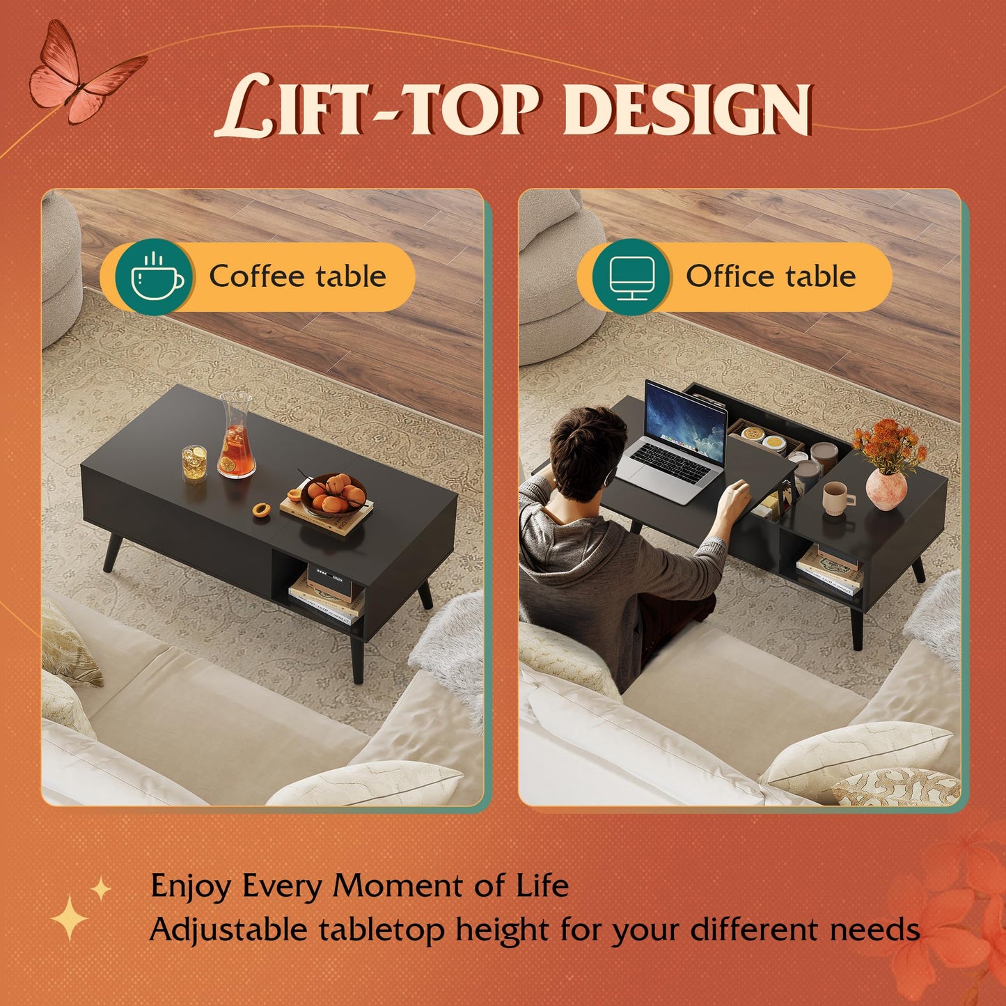 WLIVE Coffee Table for Living Room, Lift Top Coffee Table with Storage, Small Rising Wooden Dining Center Table with Storage Shelf & Hidden Compartment, 39" Black