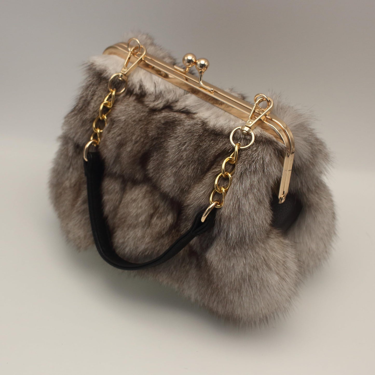 Luxurious Fashion Natural Fox Fur with Hair Handbag for Women and Ladies (White, Small) (Gray)