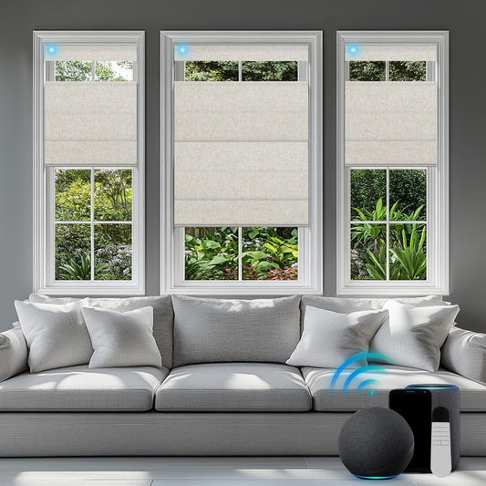 BERISSA Motorized Blinds with Remote,Top Down Bottom up Roman Shades,Smart Roman Shades for Windows,Electric Blinds,Alexa,Google Home- Voice and App Control,Custom Size,Blackout Linen Beige