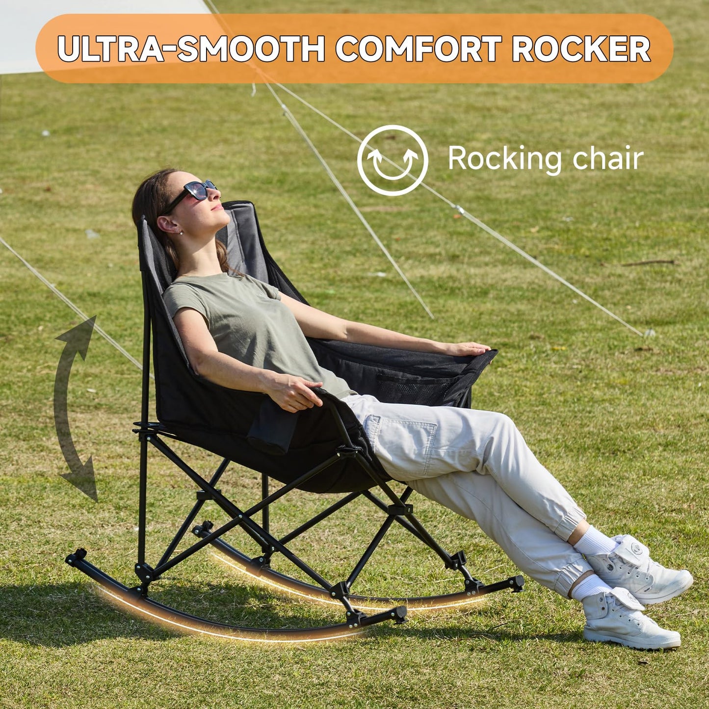 Youtanic Oversized Folding Rocking Camping Chair, Padded Portable Rocking Chair with Pockets, Cup Holder and Carry Bag, Heavy Duty Outdoor Rocker Patio Chair for Garden, Lawn, Yard, Up to 400lbs, Gray