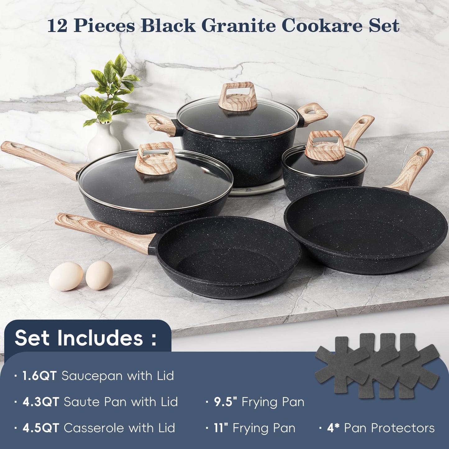 SODAY 12 Pcs Pots and Pans Set Non stick, Cookware Sets Black Granite Induction Cookware, Non-toxic Healthy Nonstick Kitchen Cooking Set with Frying Pans Set, Saucepans (PFAS/PFOA/PFOS Free)