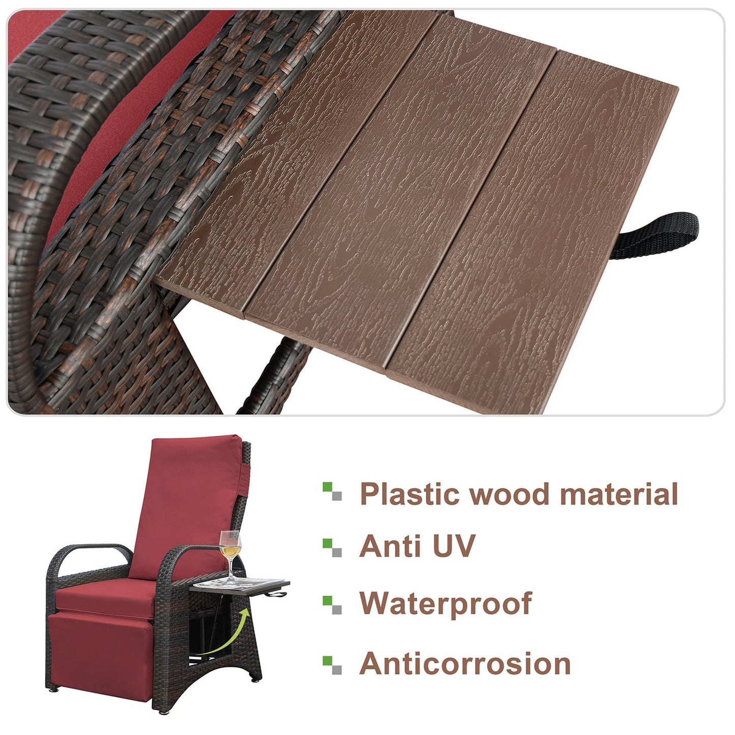 ATR ART TO REAL Outdoor Recliner Chairs, PE Wicker Reclining Lounge Chair with Removable Soft Cushion, Adjustable Outside Recliners for Patio, Porch, Poolside, Balcony, Lawn (Red, 1 PC)